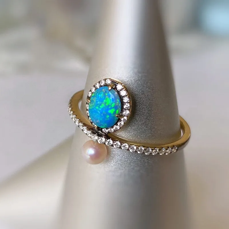 18K Gold 0.30ct Natural Opal & 0.18ct Diamond Akoya Pearl Ring