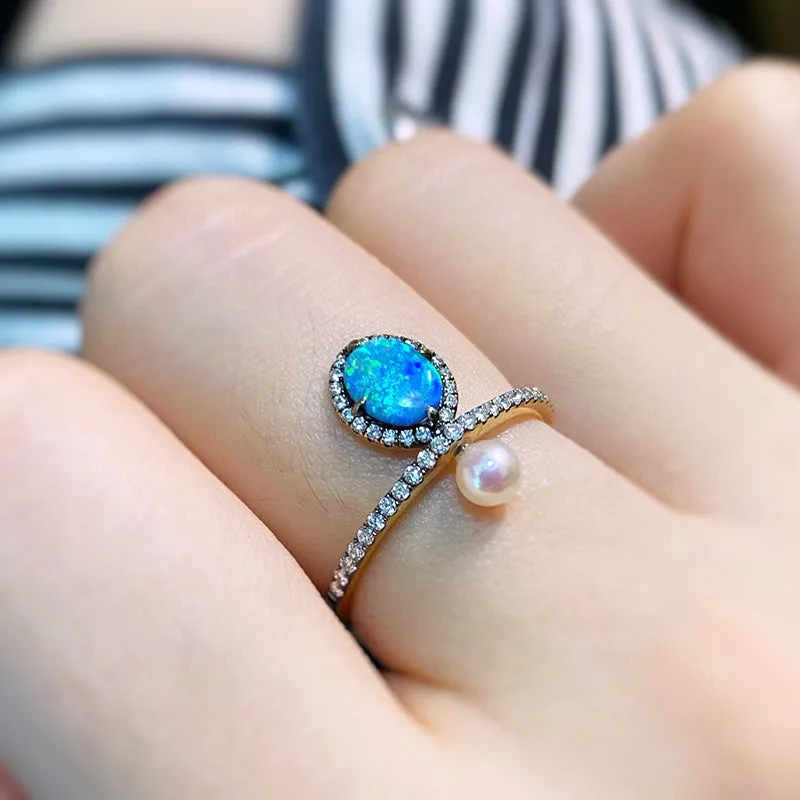 18K Gold 0.30ct Natural Opal & 0.18ct Diamond Akoya Pearl Ring