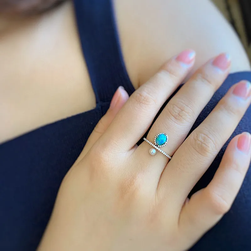18K Gold 0.30ct Natural Opal & 0.18ct Diamond Akoya Pearl Ring