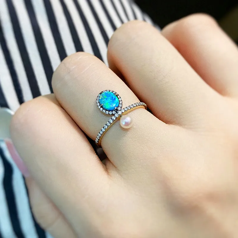 18K Gold 0.30ct Natural Opal & 0.18ct Diamond Akoya Pearl Ring