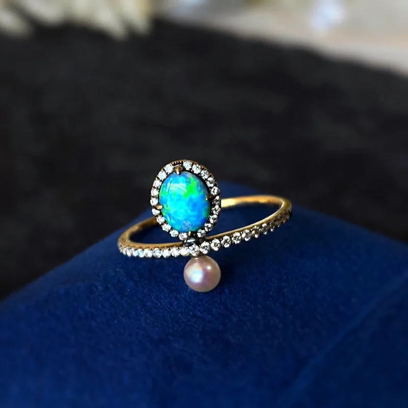18K Gold 0.30ct Natural Opal & 0.18ct Diamond Akoya Pearl Ring