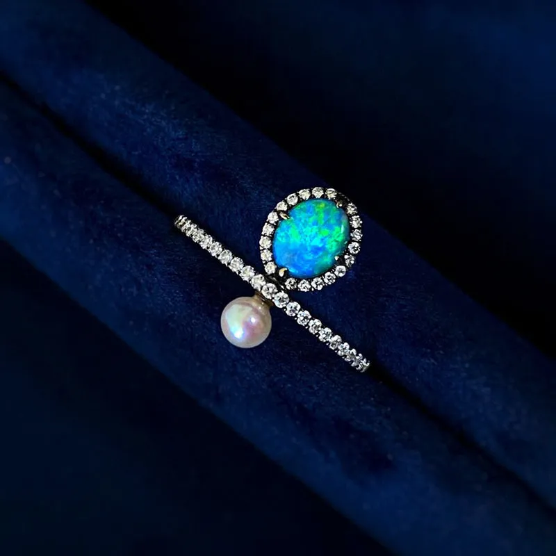 18K Gold 0.30ct Natural Opal & 0.18ct Diamond Akoya Pearl Ring