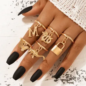 18K Gold-Plated Dragon & Butterfly Charm Ring Set