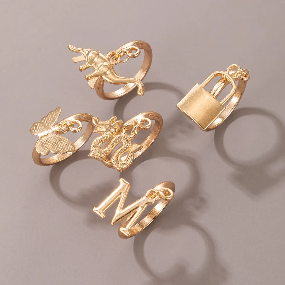 18K Gold-Plated Dragon & Butterfly Charm Ring Set