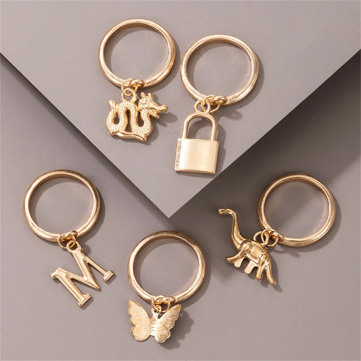 18K Gold-Plated Dragon & Butterfly Charm Ring Set