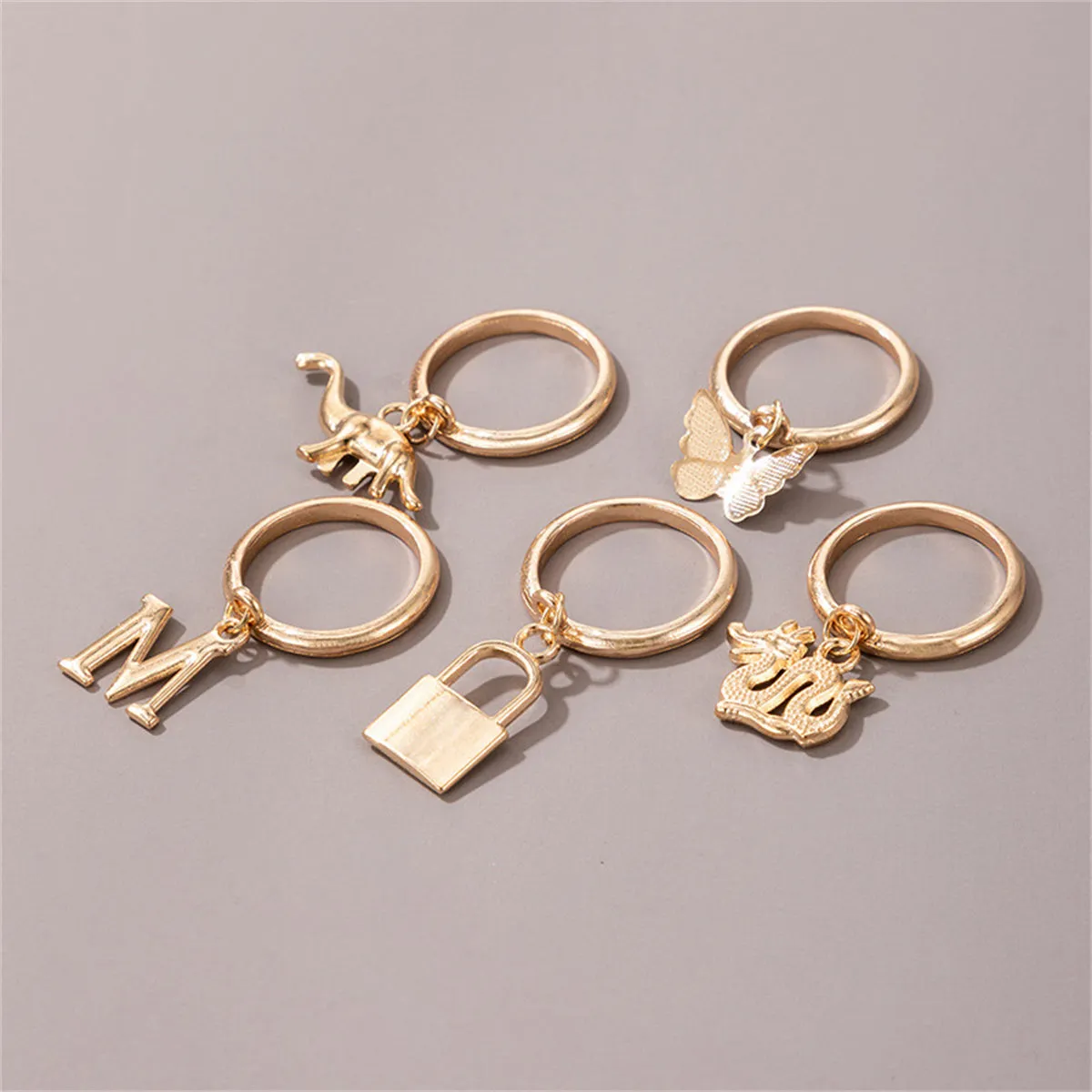 18K Gold-Plated Dragon & Butterfly Charm Ring Set