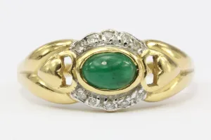 18K Yellow Gold Emerald and Diamond Ring with Heart Motif Size 8