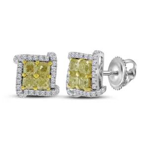 18kt White Gold Womens Round Yellow Color Enhanced Diamond Square Cluster Earrings 1-1/2 Cttw