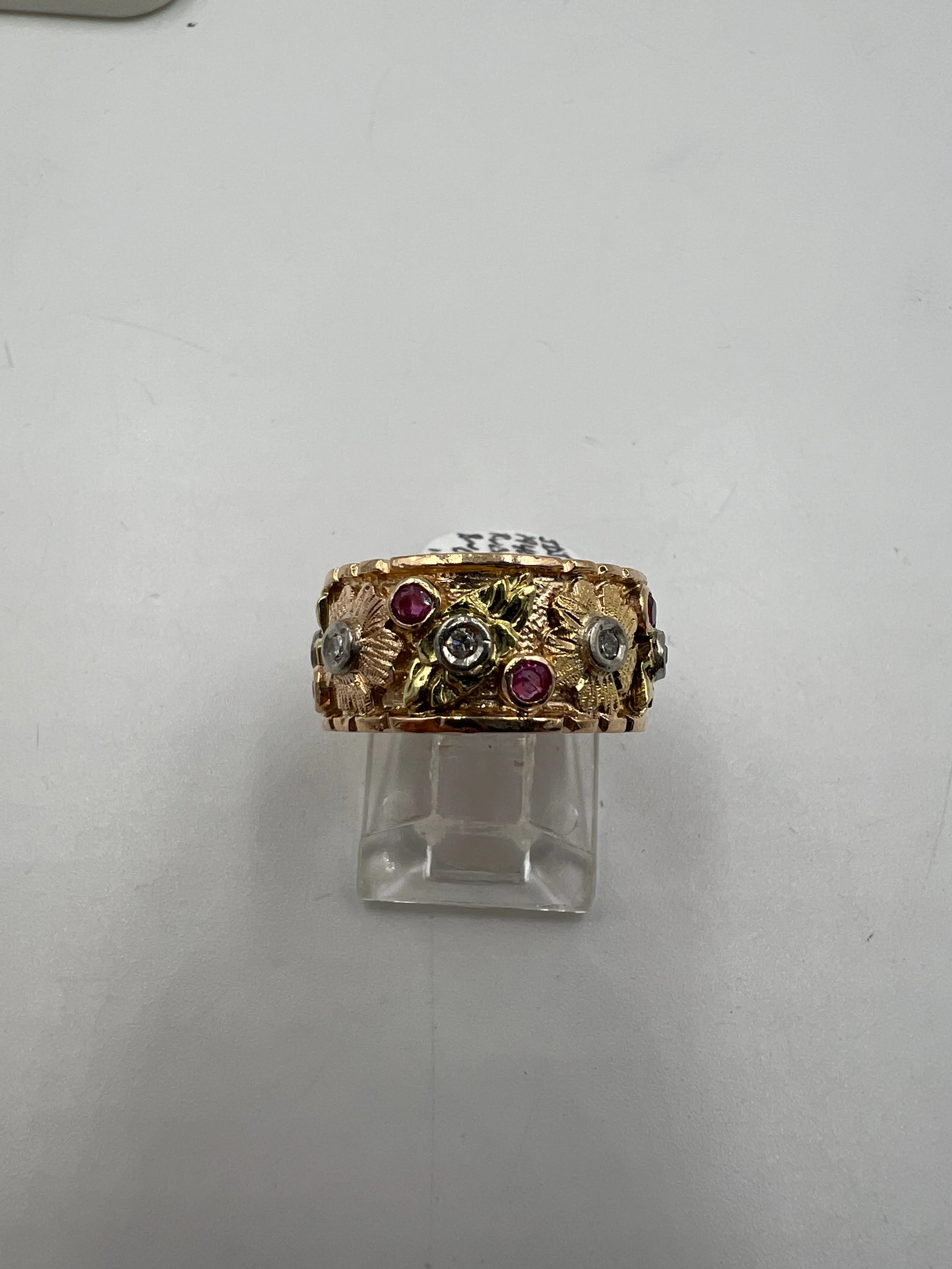 1940s Retro 14k Pink Gold Ruby Diamond 9mm Wide Band Ring