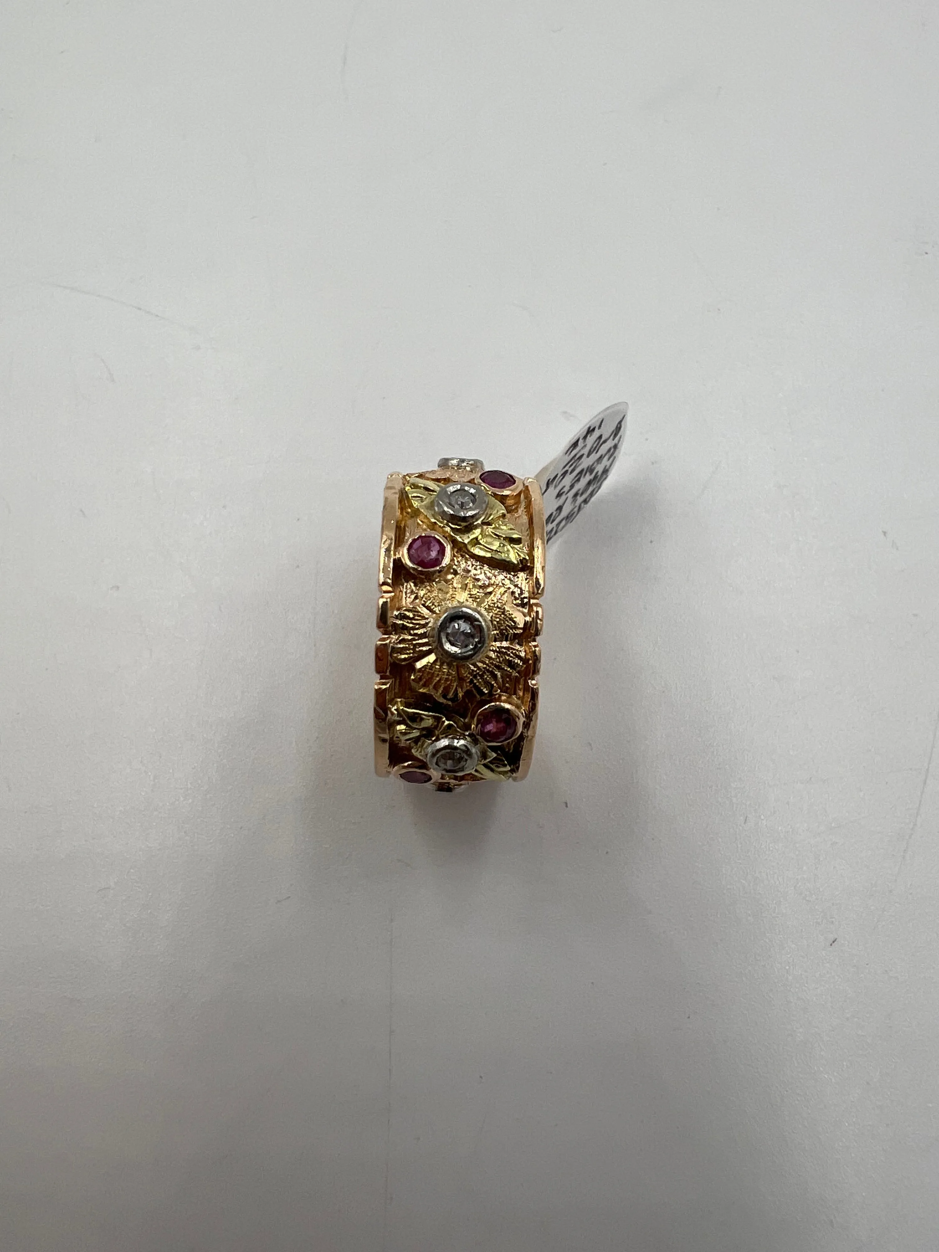 1940s Retro 14k Pink Gold Ruby Diamond 9mm Wide Band Ring