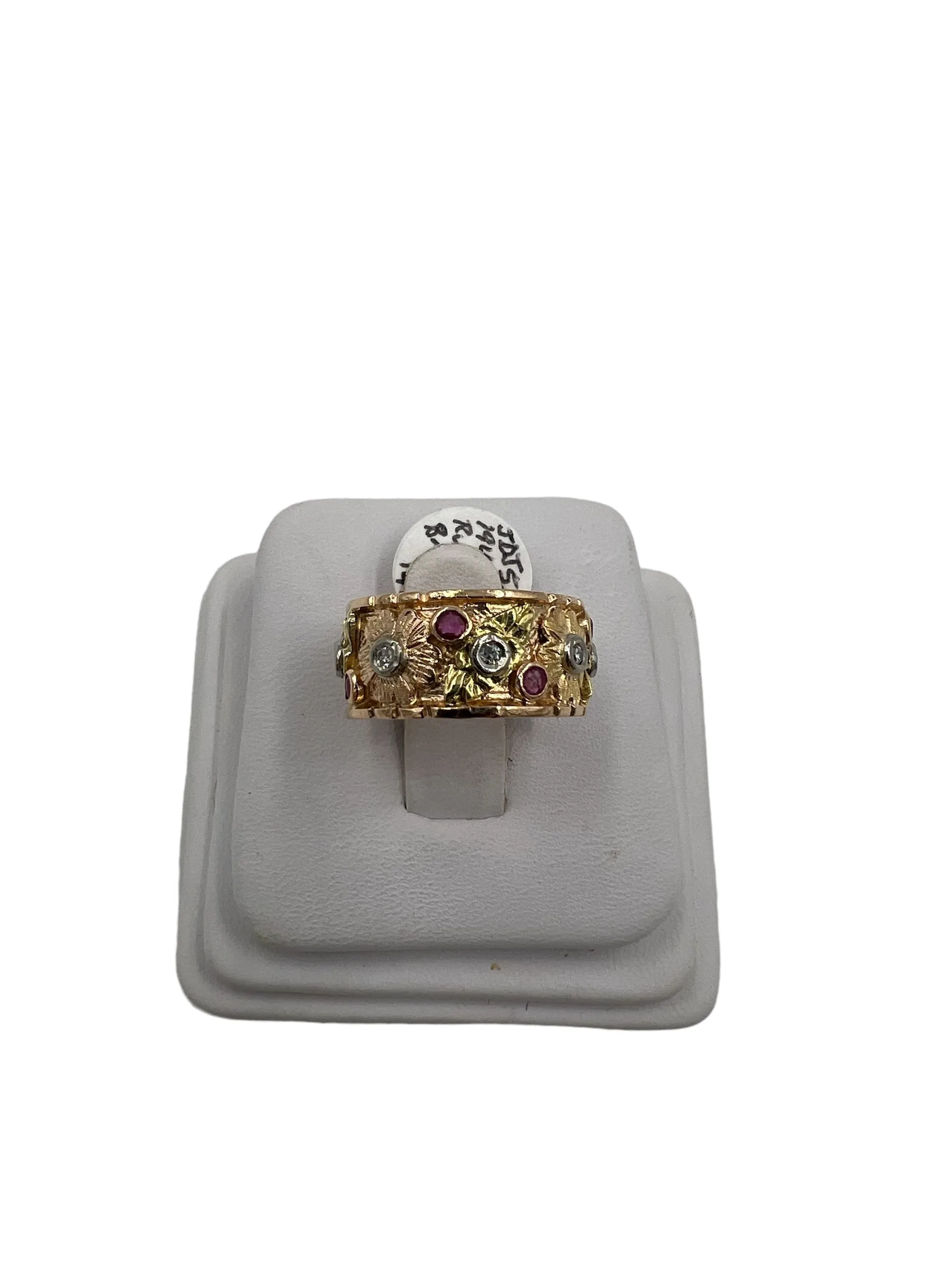 1940s Retro 14k Pink Gold Ruby Diamond 9mm Wide Band Ring