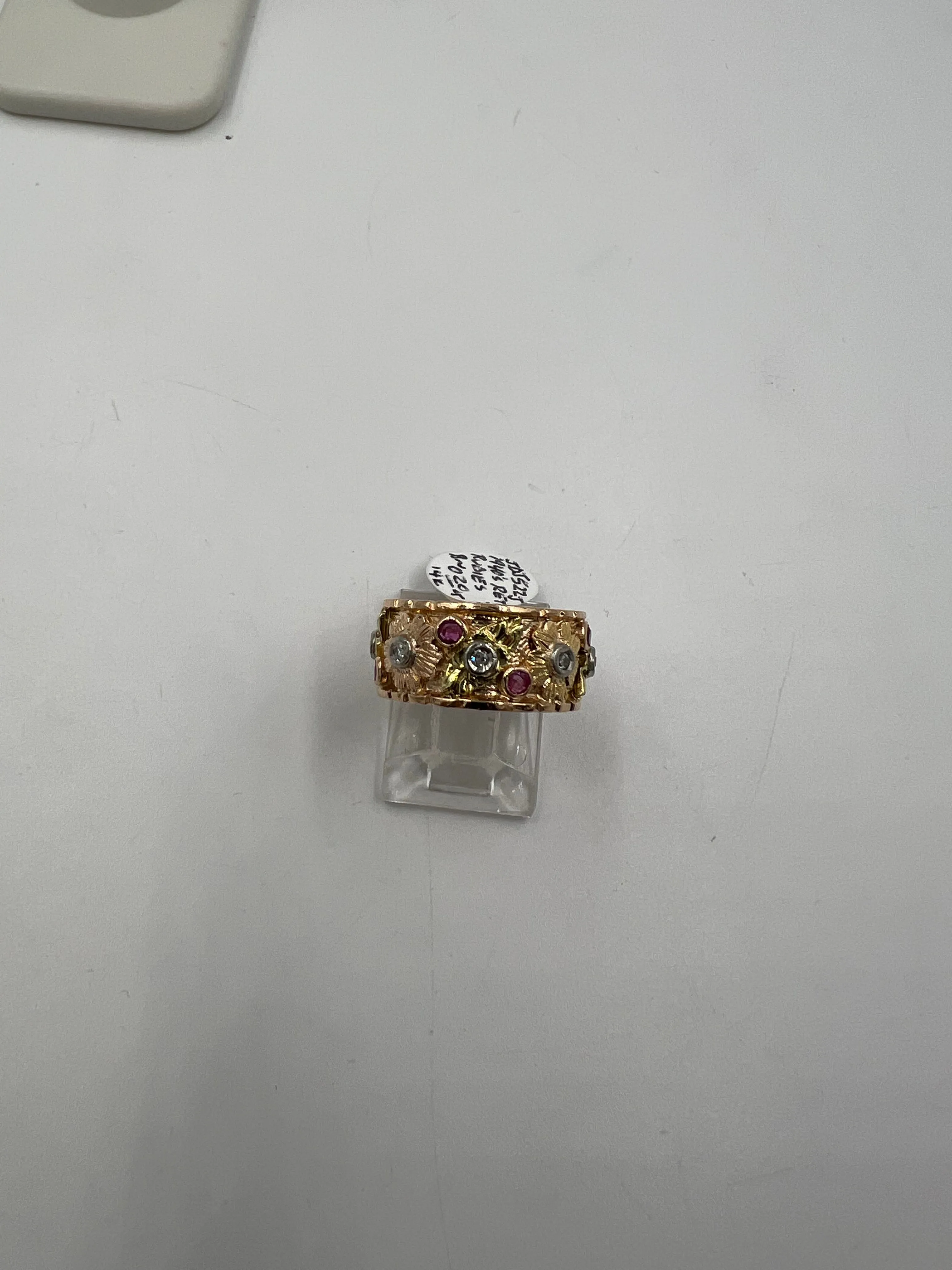 1940s Retro 14k Pink Gold Ruby Diamond 9mm Wide Band Ring