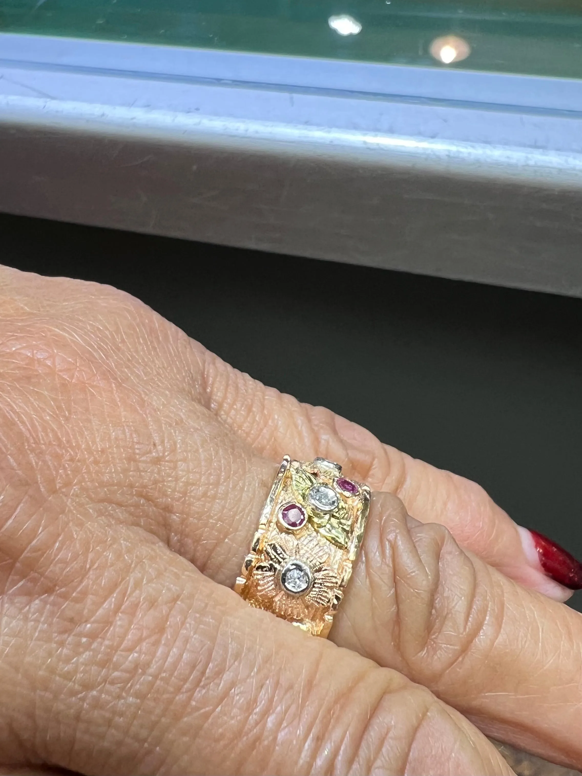 1940s Retro 14k Pink Gold Ruby Diamond 9mm Wide Band Ring