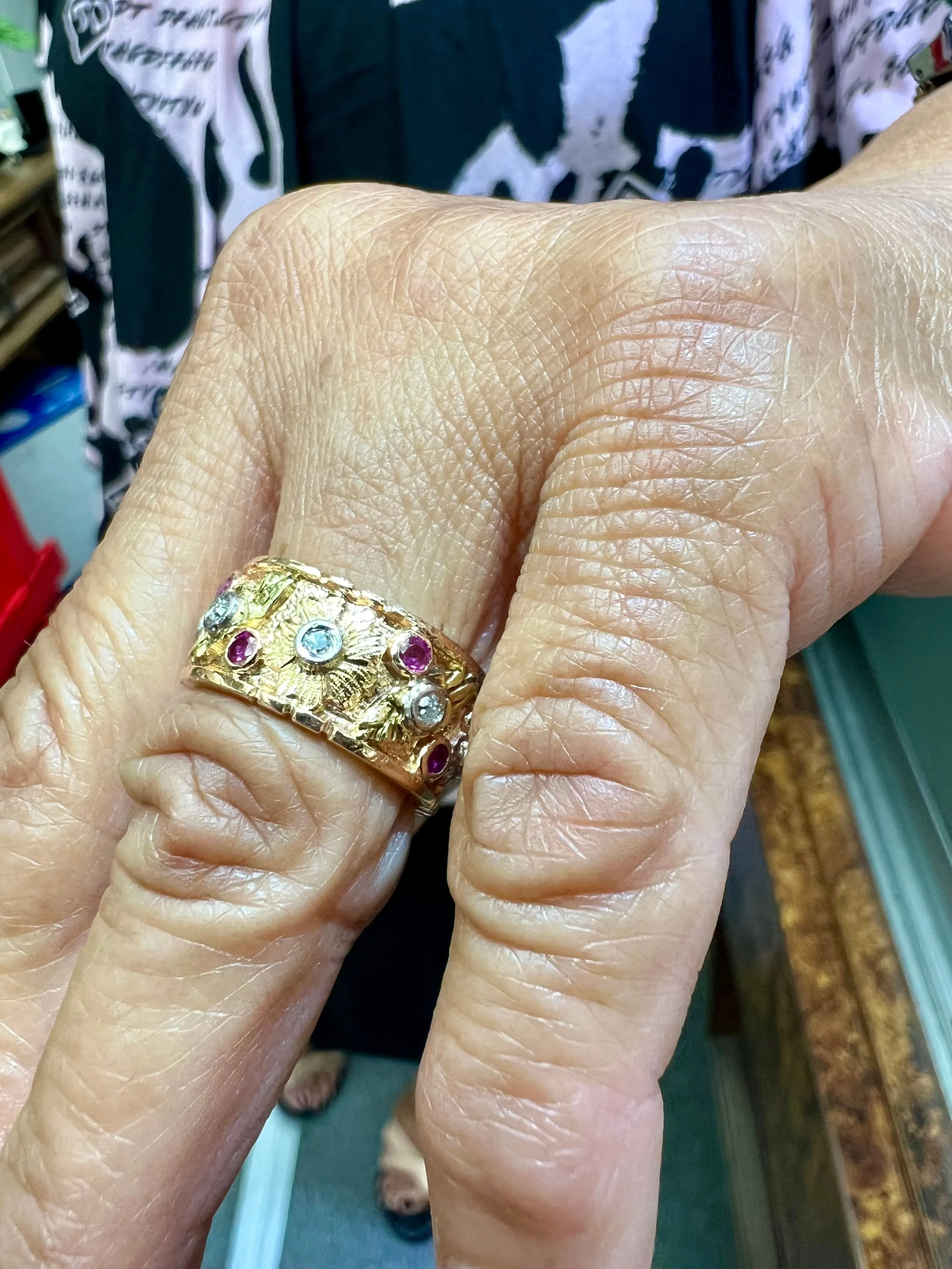 1940s Retro 14k Pink Gold Ruby Diamond 9mm Wide Band Ring