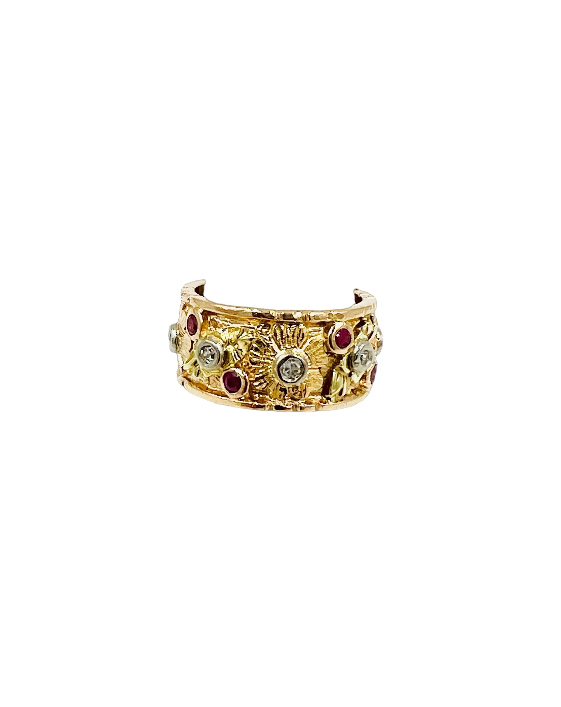 1940s Retro 14k Pink Gold Ruby Diamond 9mm Wide Band Ring