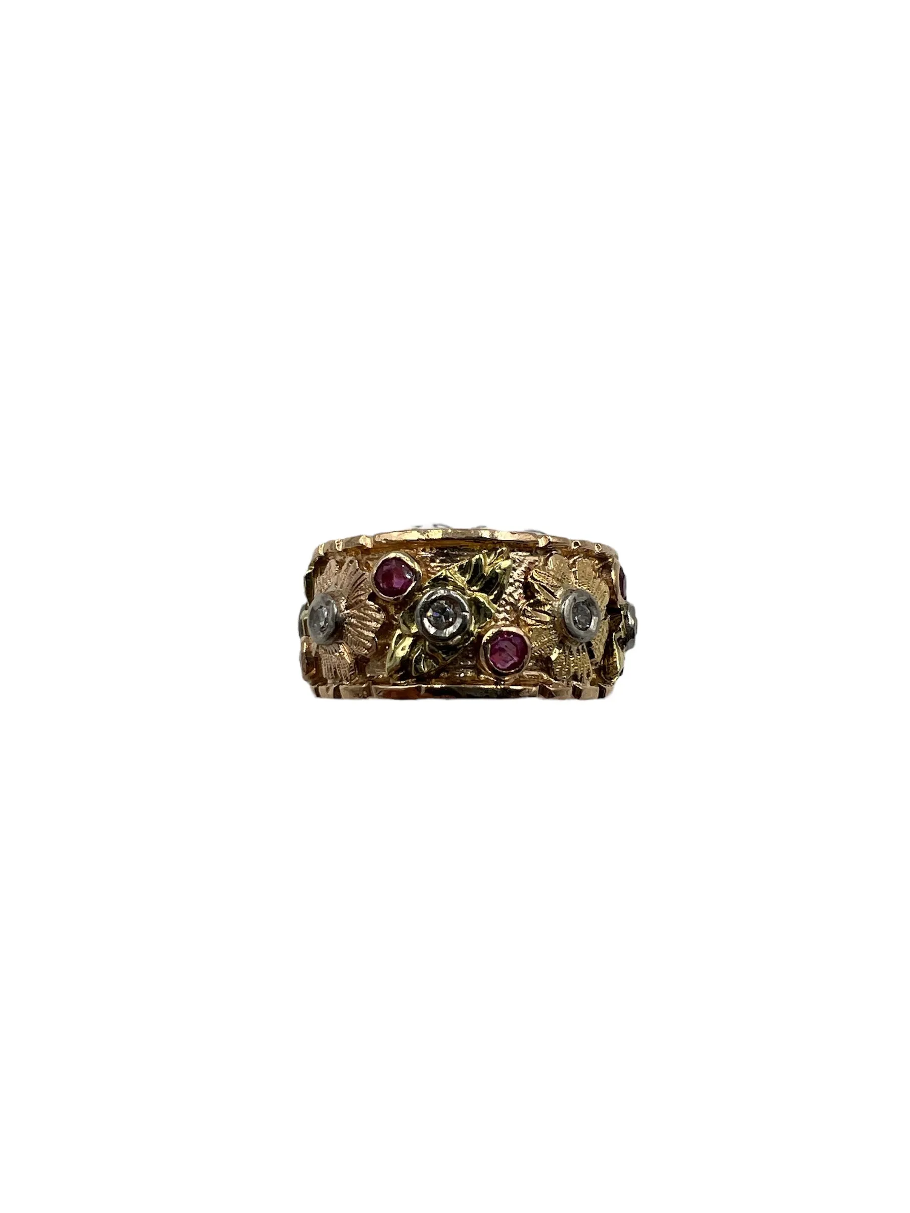1940s Retro 14k Pink Gold Ruby Diamond 9mm Wide Band Ring