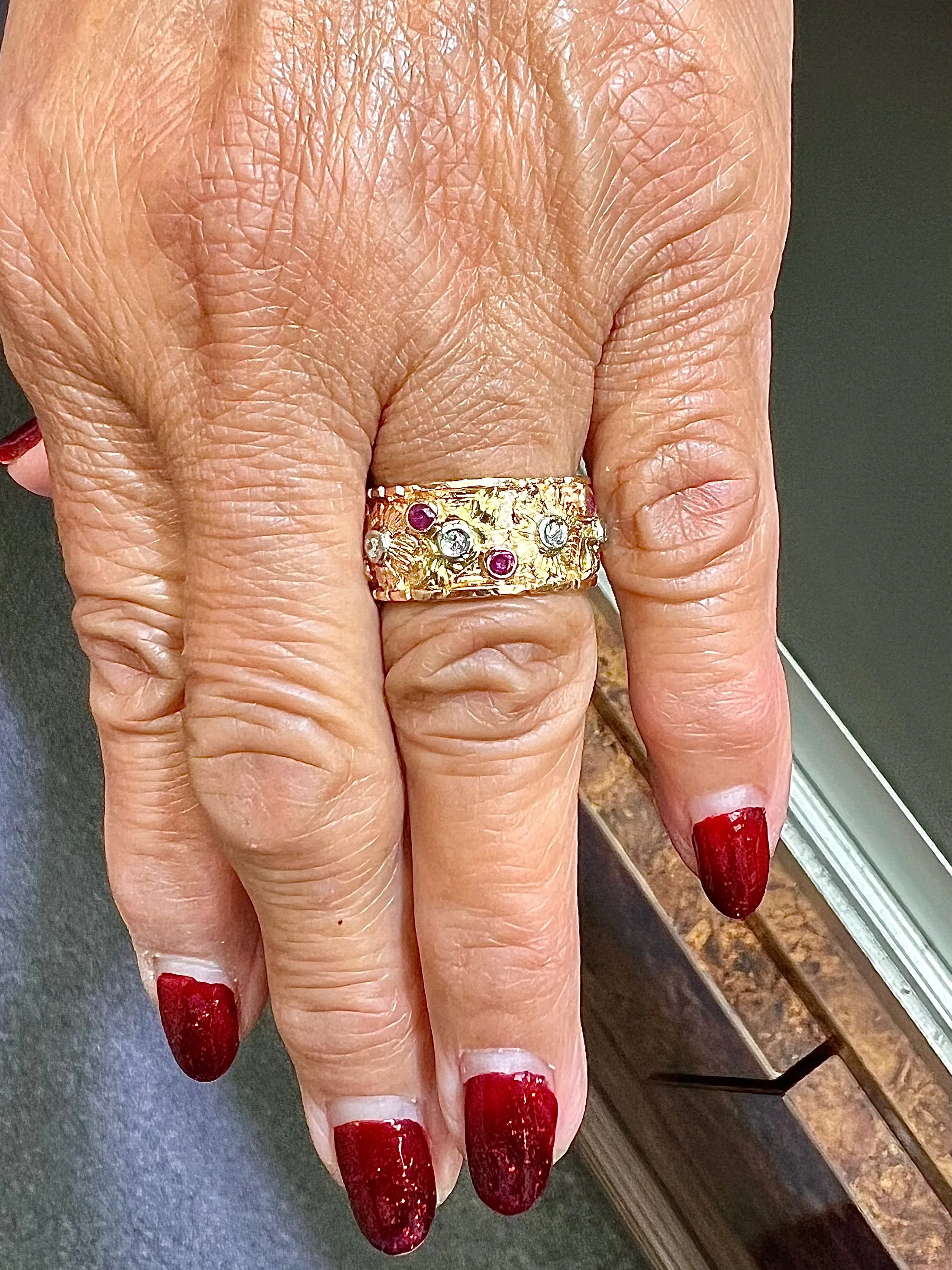 1940s Retro 14k Pink Gold Ruby Diamond 9mm Wide Band Ring