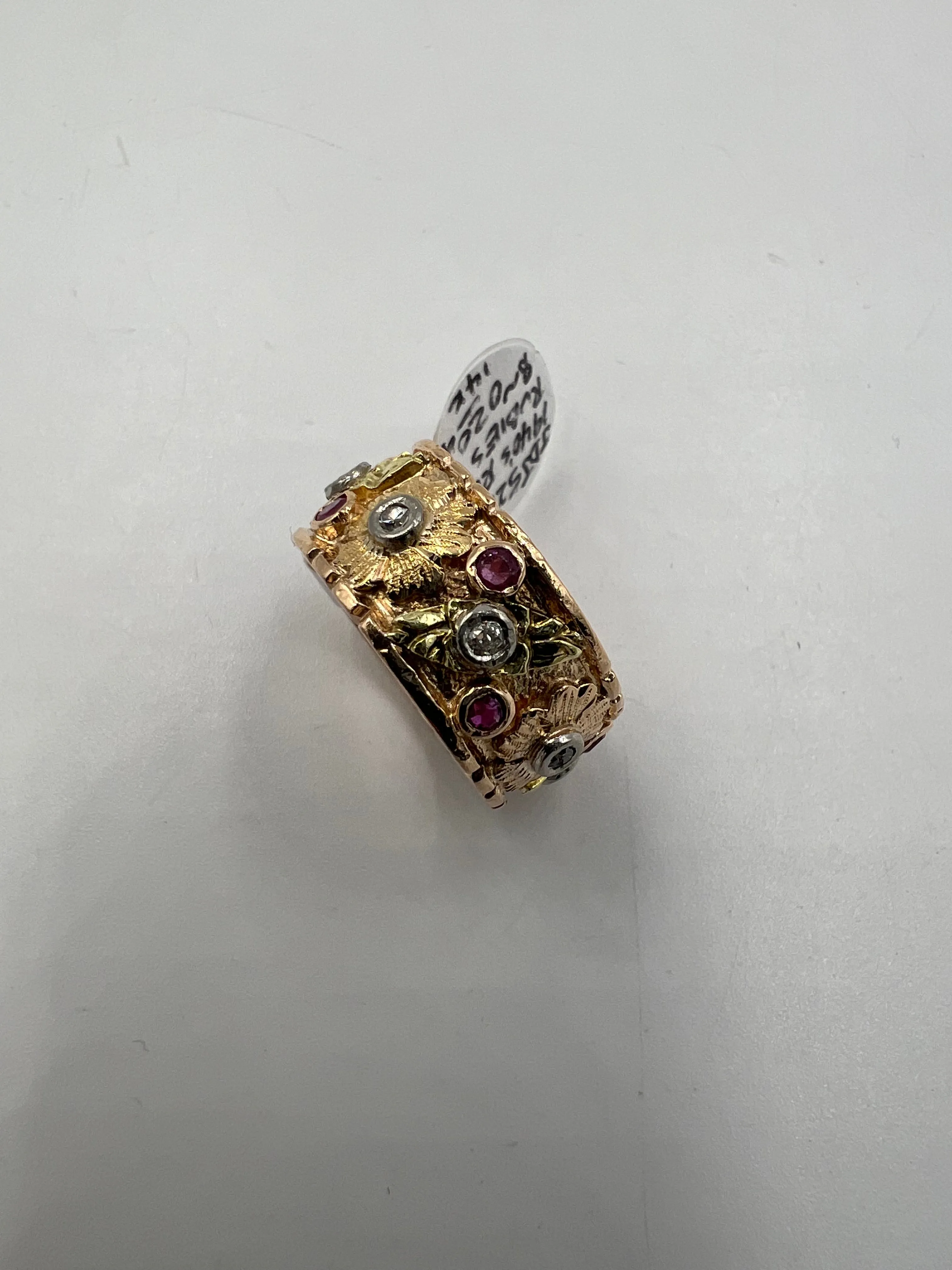 1940s Retro 14k Pink Gold Ruby Diamond 9mm Wide Band Ring