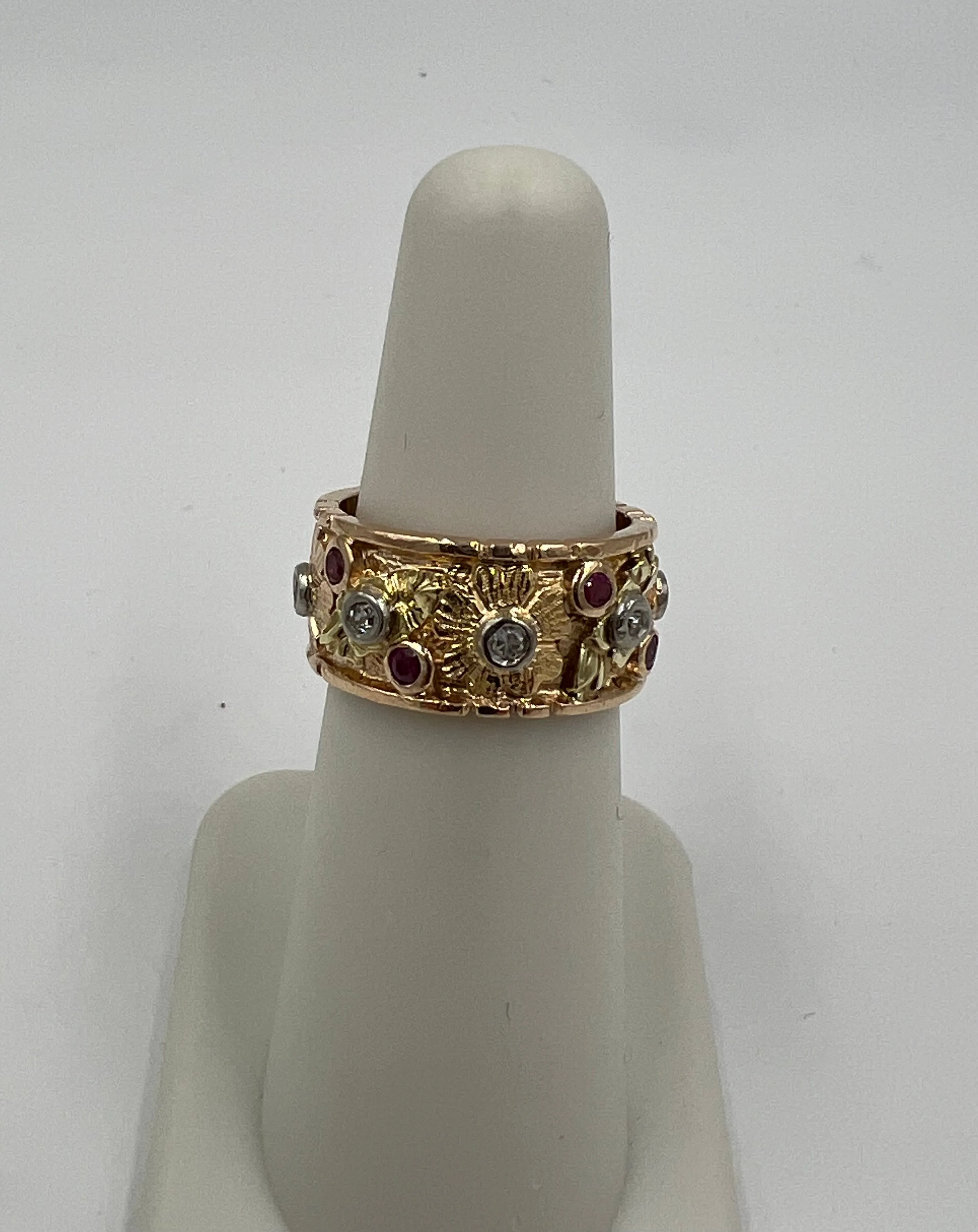 1940s Retro 14k Pink Gold Ruby Diamond 9mm Wide Band Ring