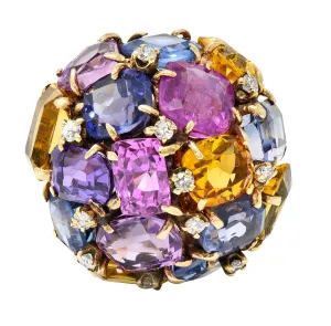 1960s 30.86 CTW Sapphire Heliodor Diamond 14 Karat Yellow Gold Dome Cluster Vintage Ring