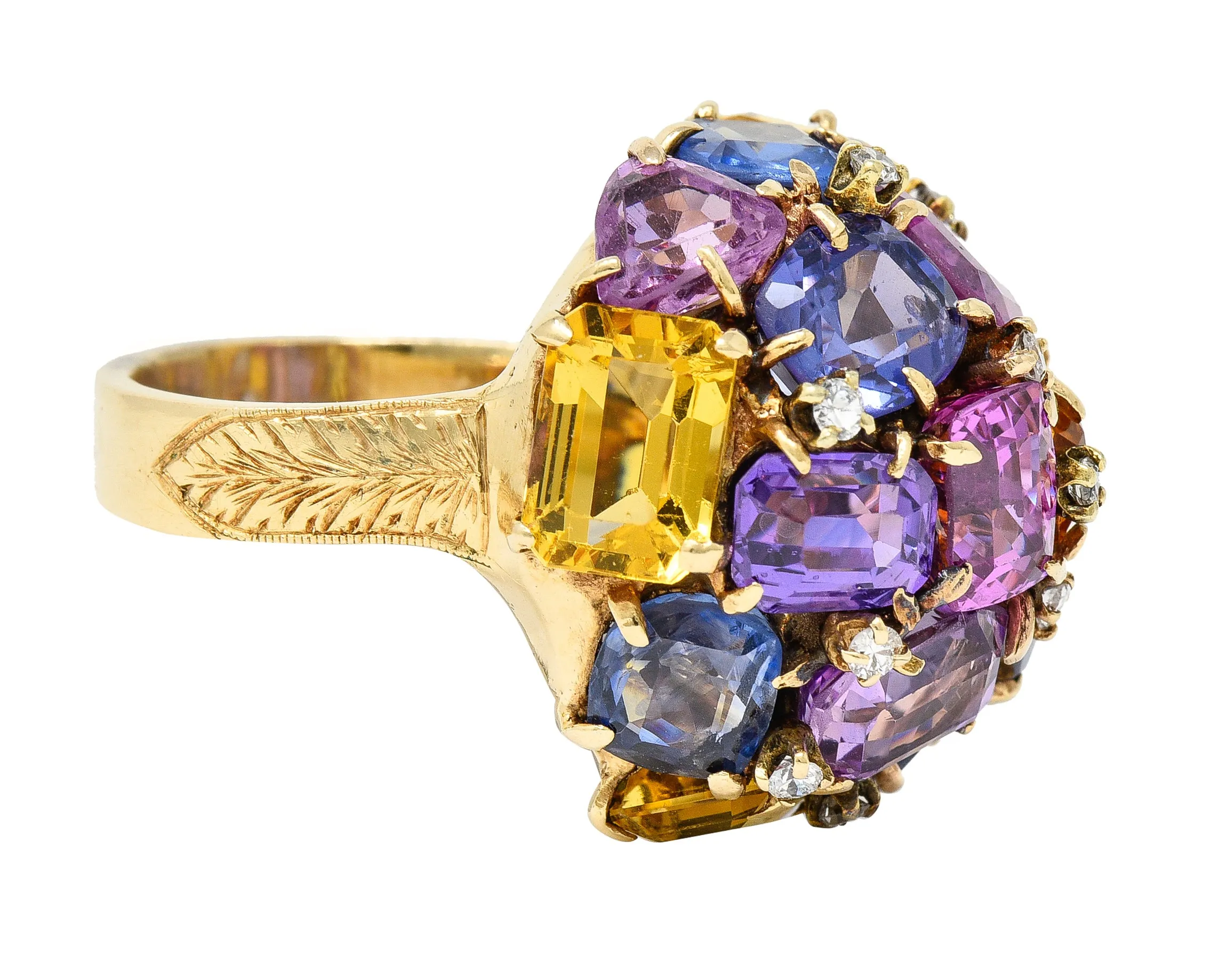 1960s 30.86 CTW Sapphire Heliodor Diamond 14 Karat Yellow Gold Dome Cluster Vintage Ring
