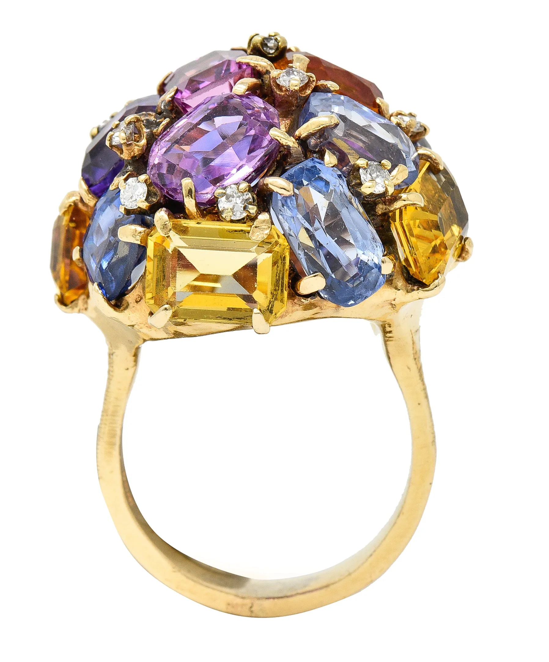 1960s 30.86 CTW Sapphire Heliodor Diamond 14 Karat Yellow Gold Dome Cluster Vintage Ring