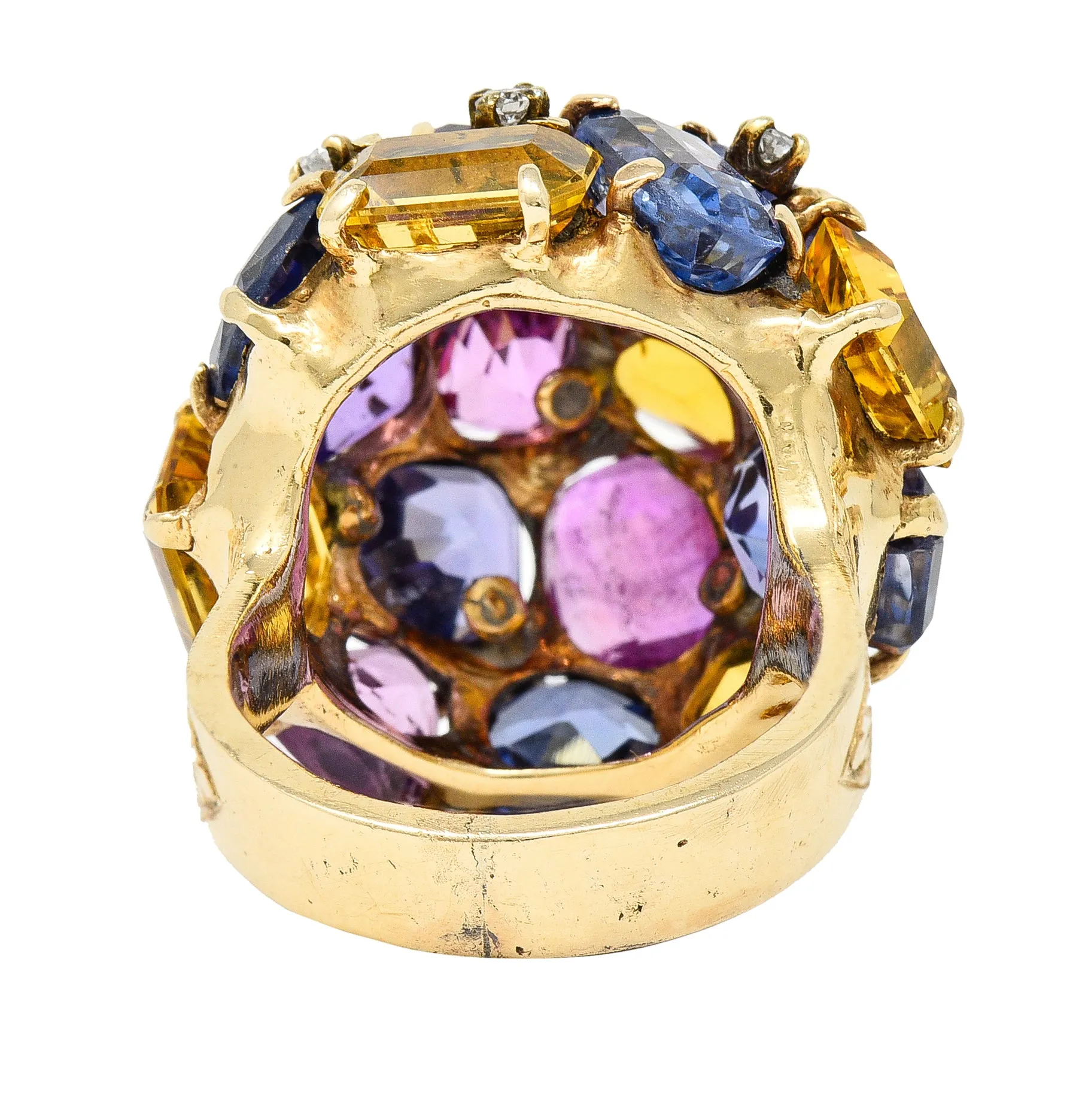 1960s 30.86 CTW Sapphire Heliodor Diamond 14 Karat Yellow Gold Dome Cluster Vintage Ring