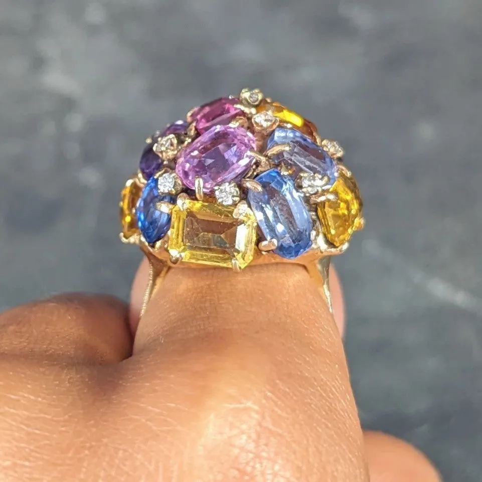 1960s 30.86 CTW Sapphire Heliodor Diamond 14 Karat Yellow Gold Dome Cluster Vintage Ring