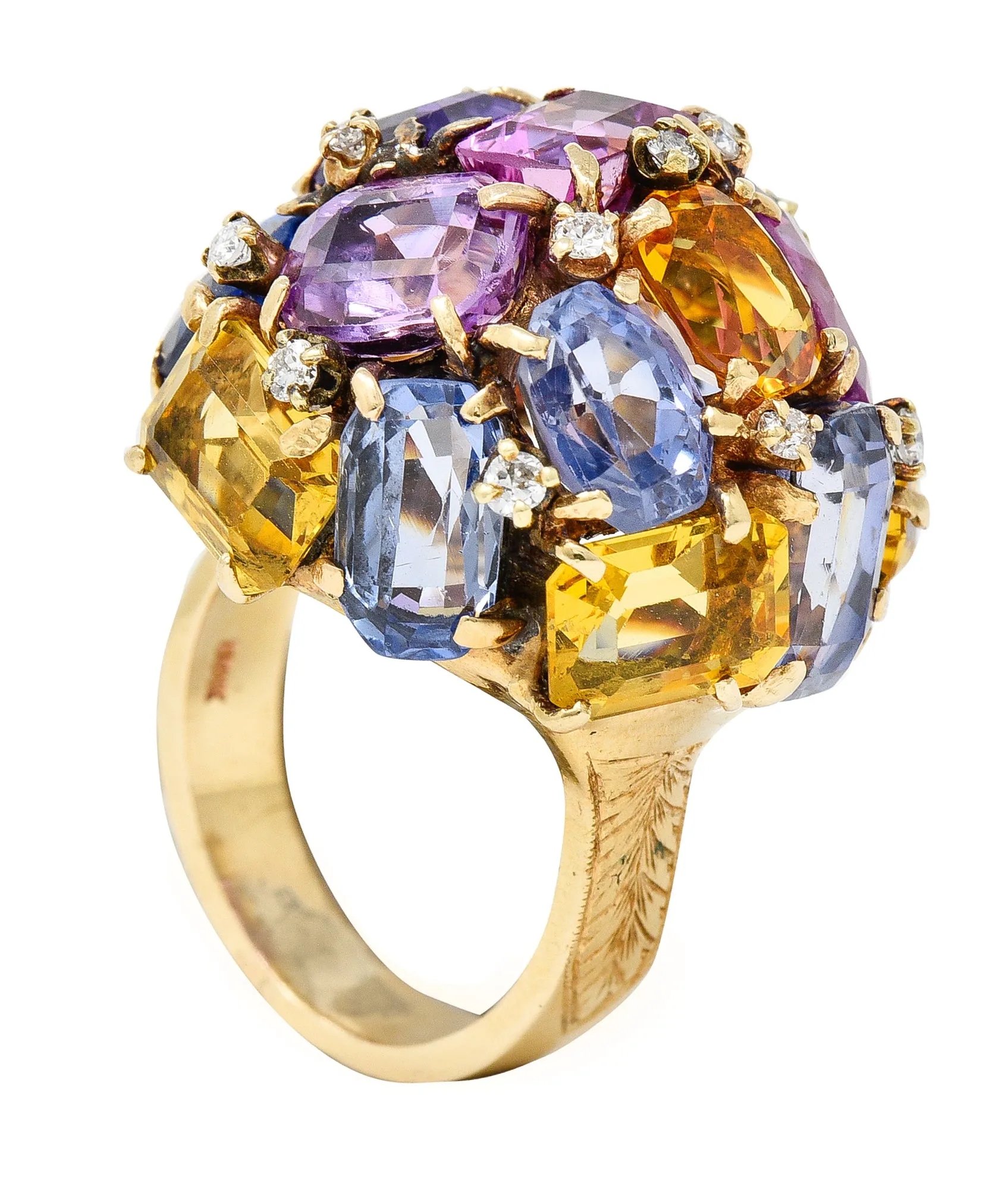 1960s 30.86 CTW Sapphire Heliodor Diamond 14 Karat Yellow Gold Dome Cluster Vintage Ring