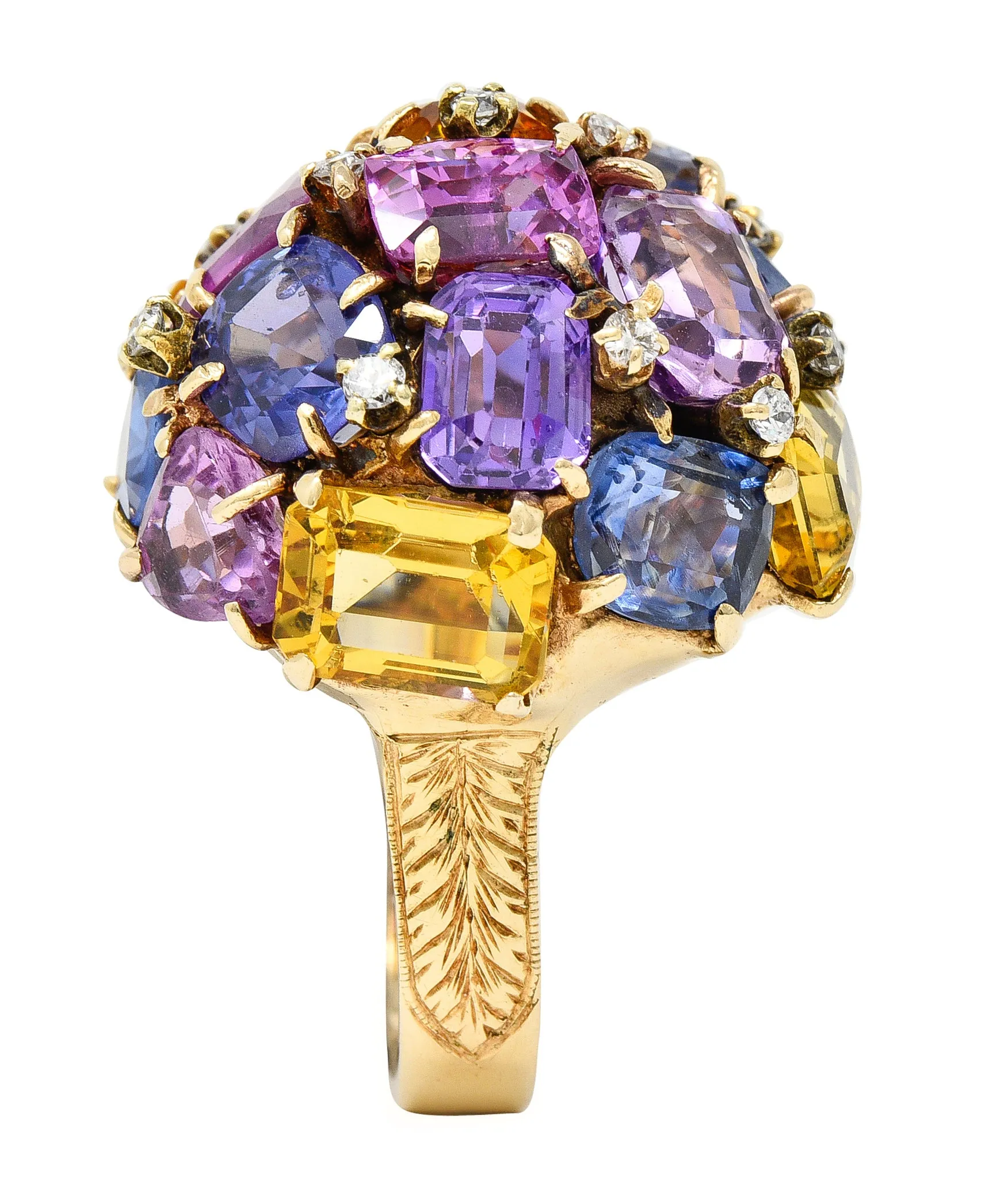 1960s 30.86 CTW Sapphire Heliodor Diamond 14 Karat Yellow Gold Dome Cluster Vintage Ring