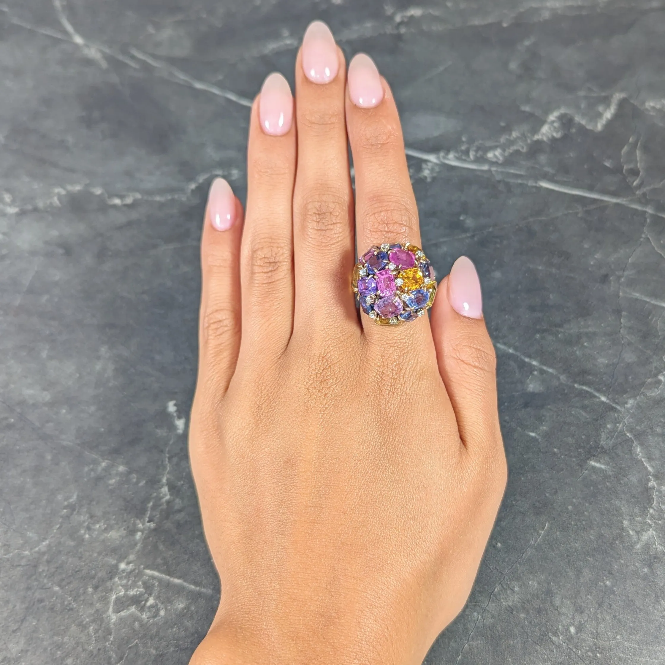 1960s 30.86 CTW Sapphire Heliodor Diamond 14 Karat Yellow Gold Dome Cluster Vintage Ring