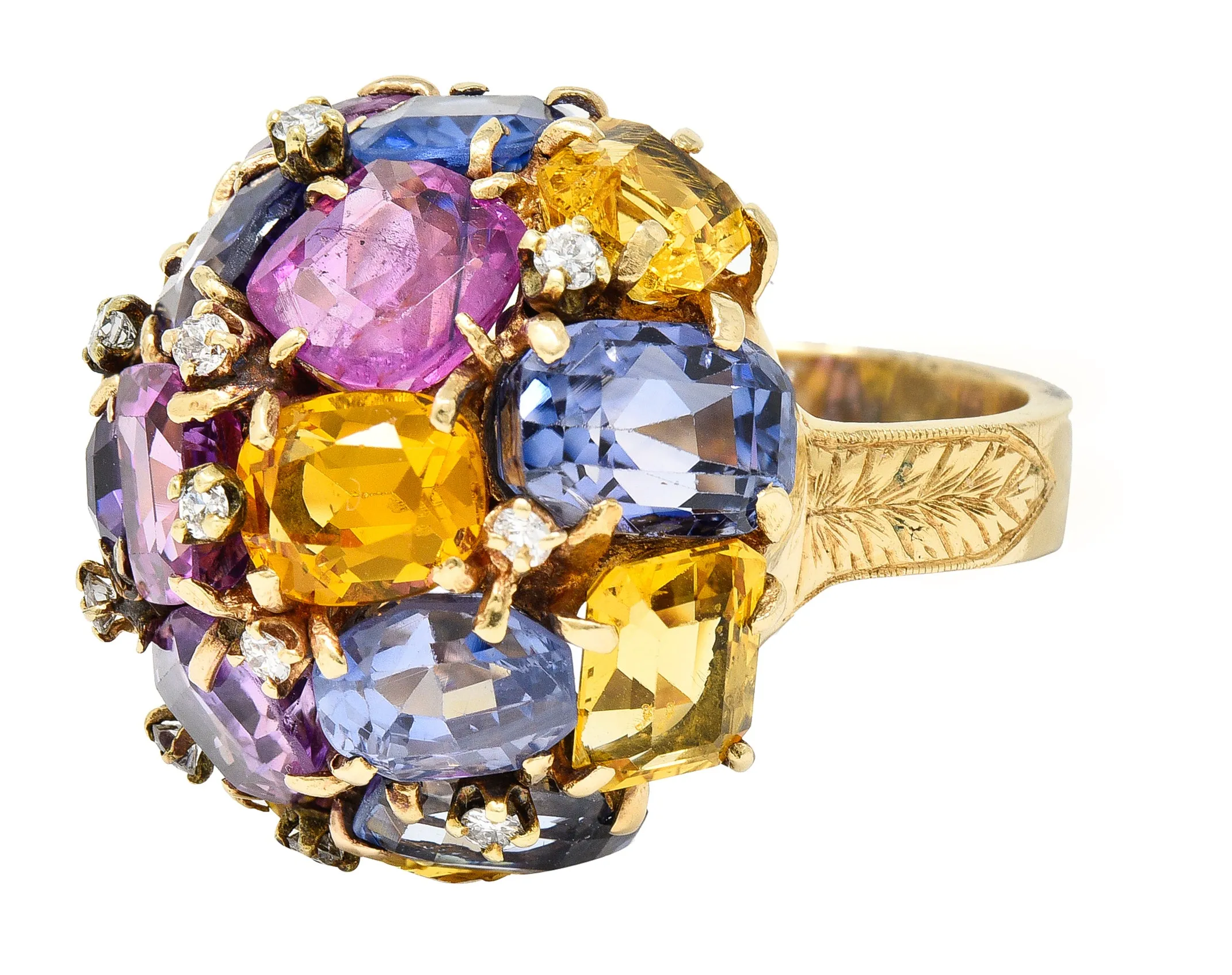 1960s 30.86 CTW Sapphire Heliodor Diamond 14 Karat Yellow Gold Dome Cluster Vintage Ring