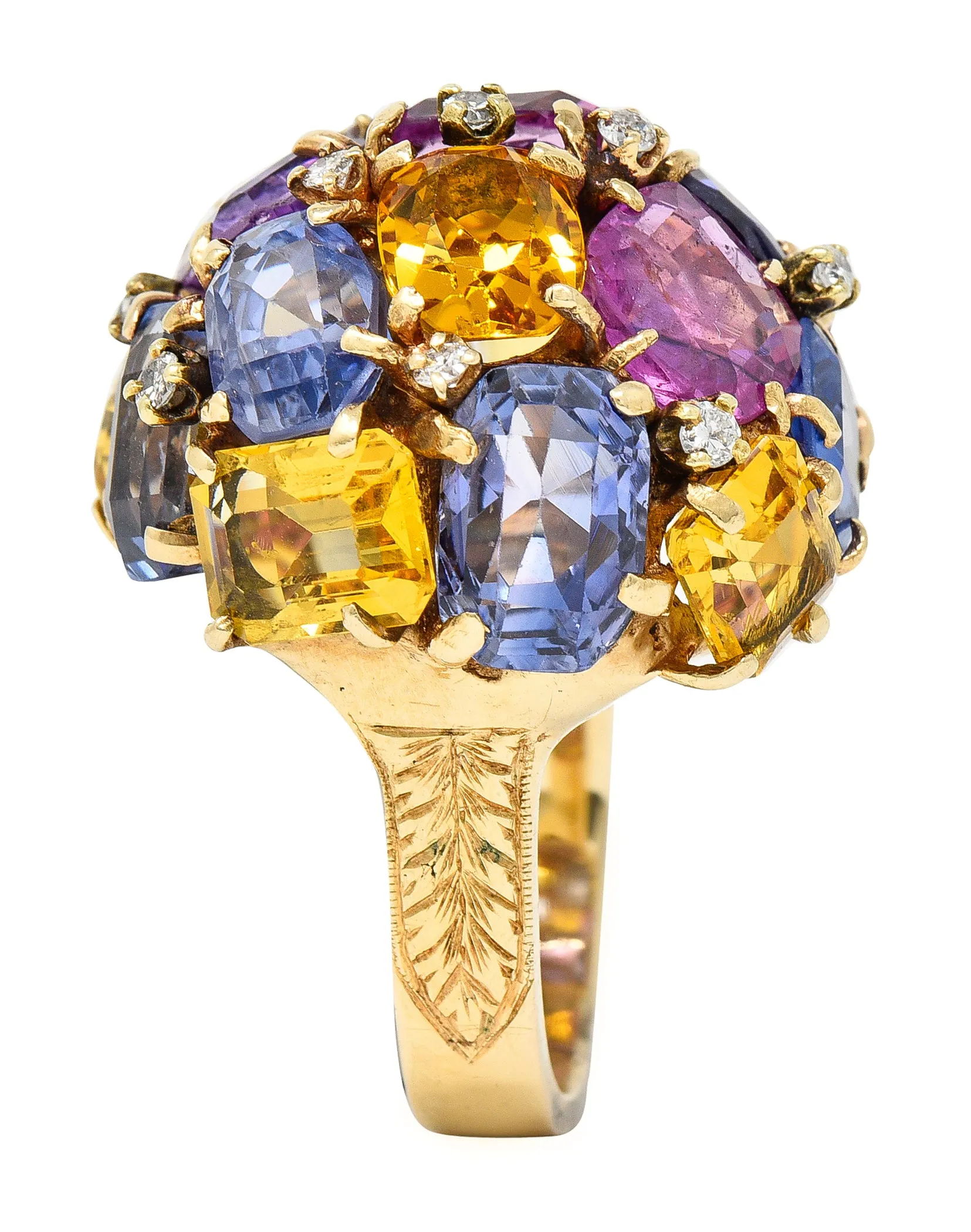 1960s 30.86 CTW Sapphire Heliodor Diamond 14 Karat Yellow Gold Dome Cluster Vintage Ring