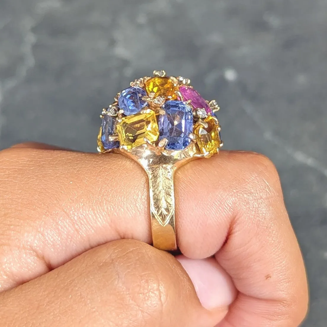 1960s 30.86 CTW Sapphire Heliodor Diamond 14 Karat Yellow Gold Dome Cluster Vintage Ring