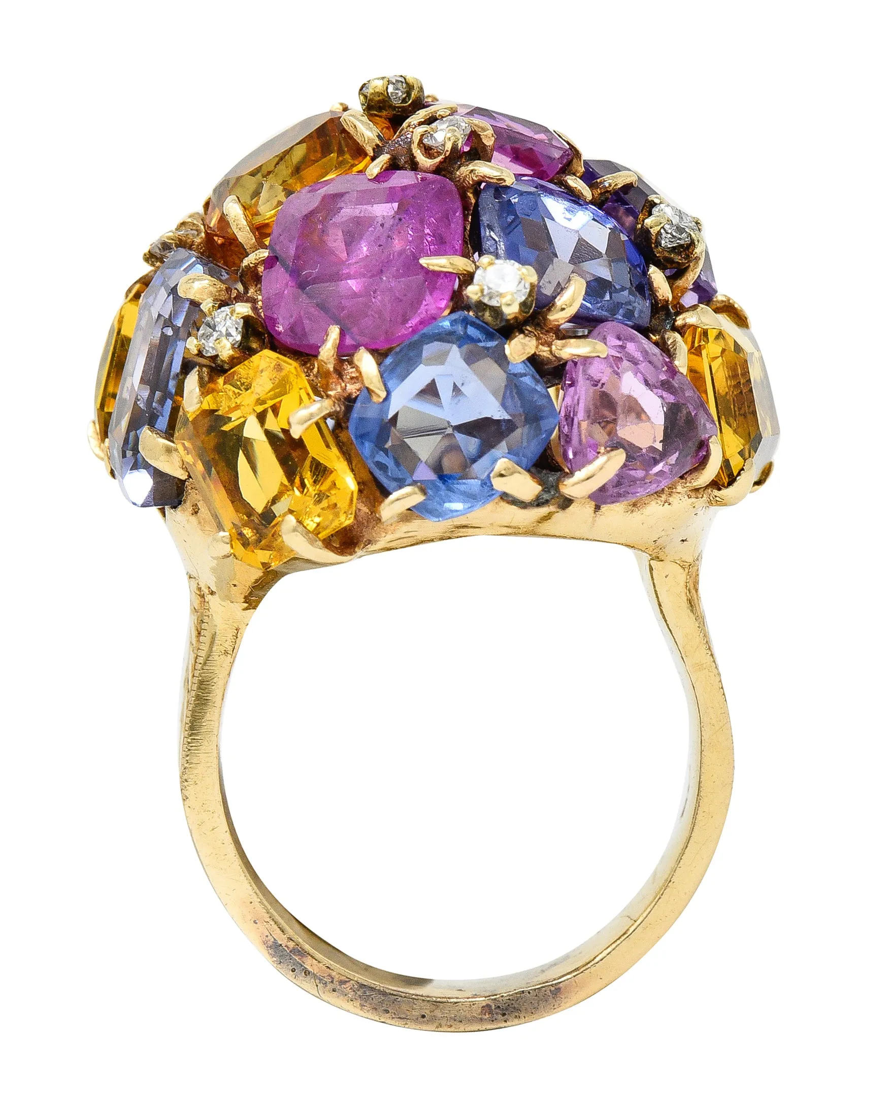 1960s 30.86 CTW Sapphire Heliodor Diamond 14 Karat Yellow Gold Dome Cluster Vintage Ring