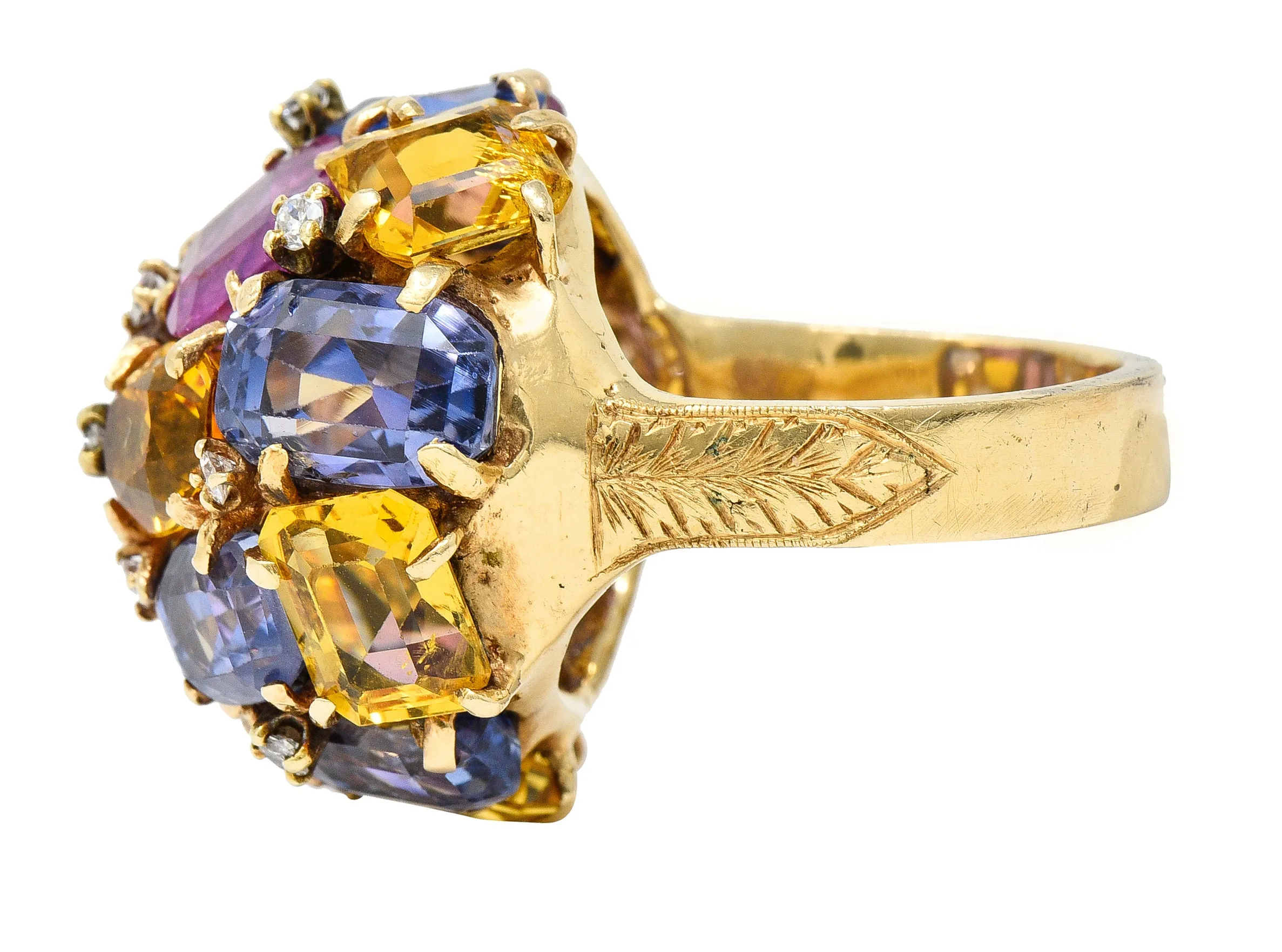 1960s 30.86 CTW Sapphire Heliodor Diamond 14 Karat Yellow Gold Dome Cluster Vintage Ring