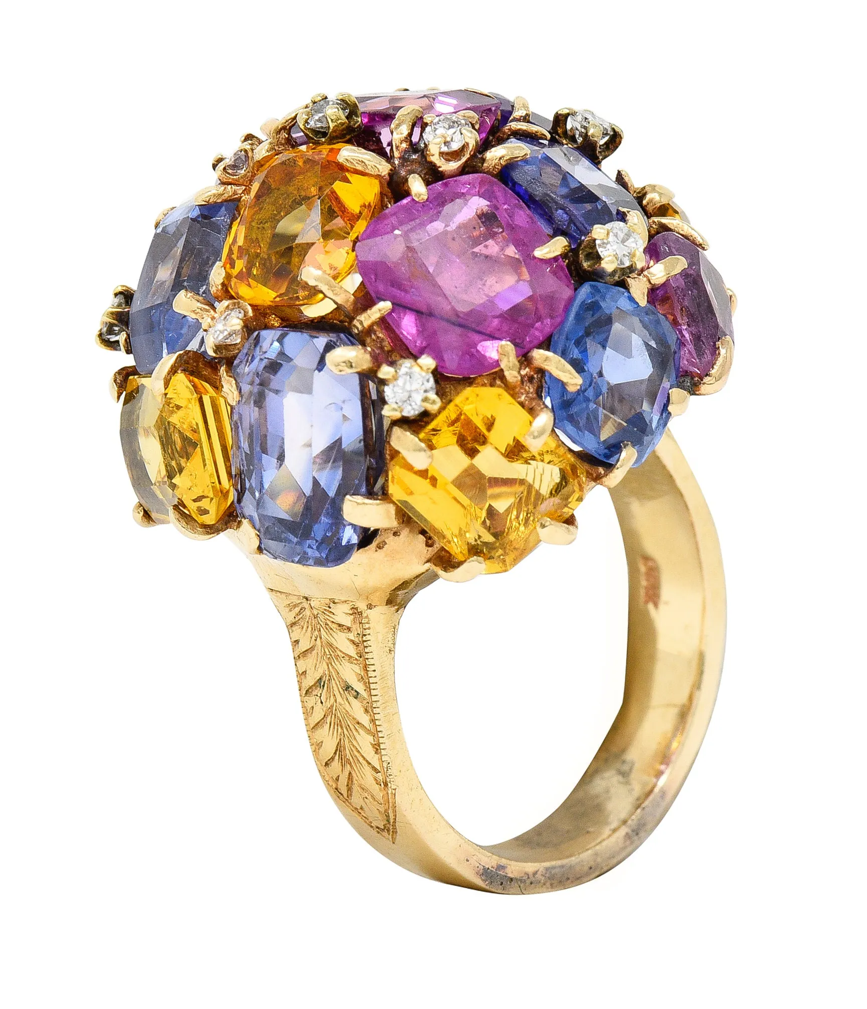 1960s 30.86 CTW Sapphire Heliodor Diamond 14 Karat Yellow Gold Dome Cluster Vintage Ring