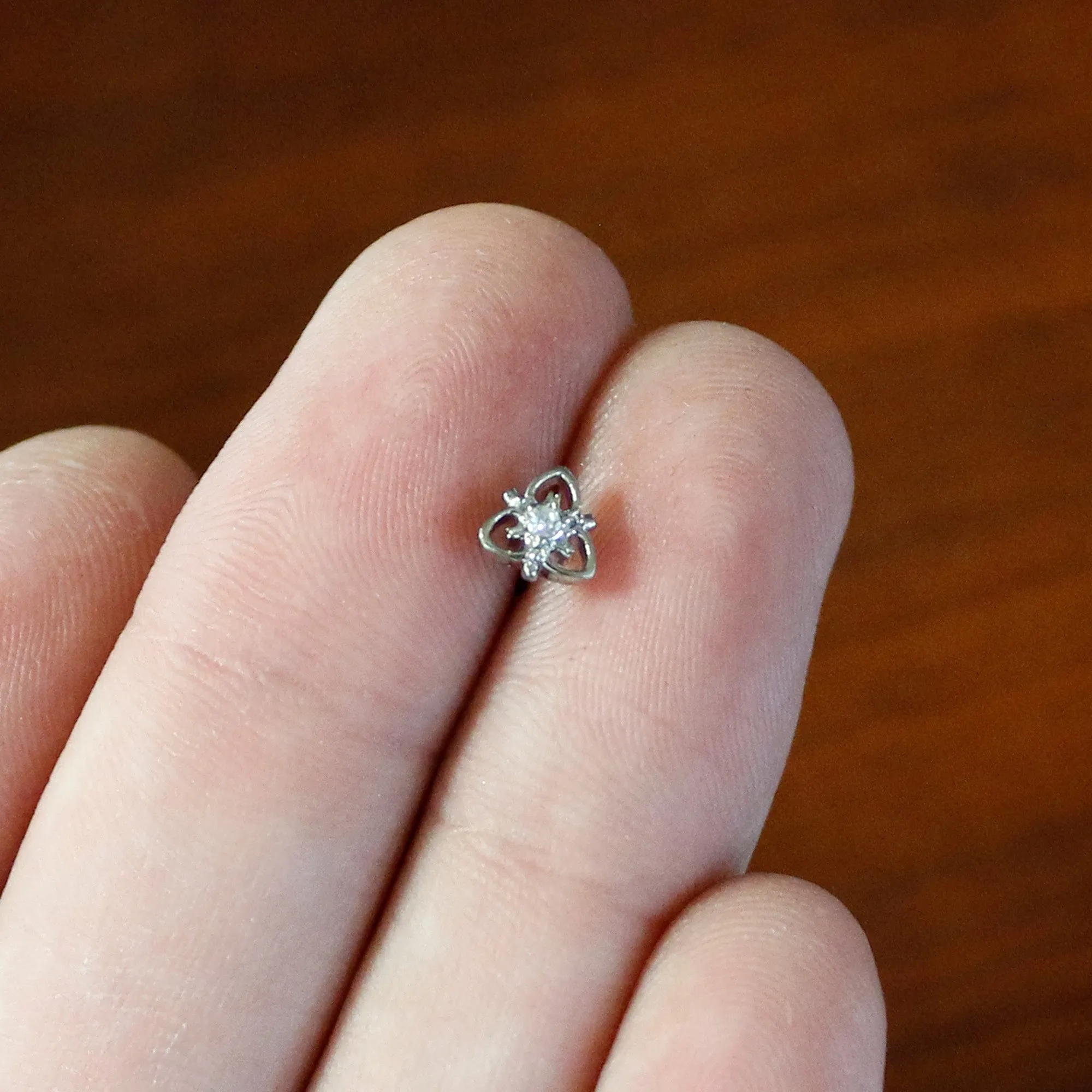 20 Gauge 1/4 Clear CZ Gem Triple Heart Triquetra L Shape Nose Ring