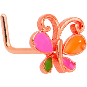 20 Gauge 1/4 Pink Orange Rose Gold Tone Butterfly L Shaped Nose Ring