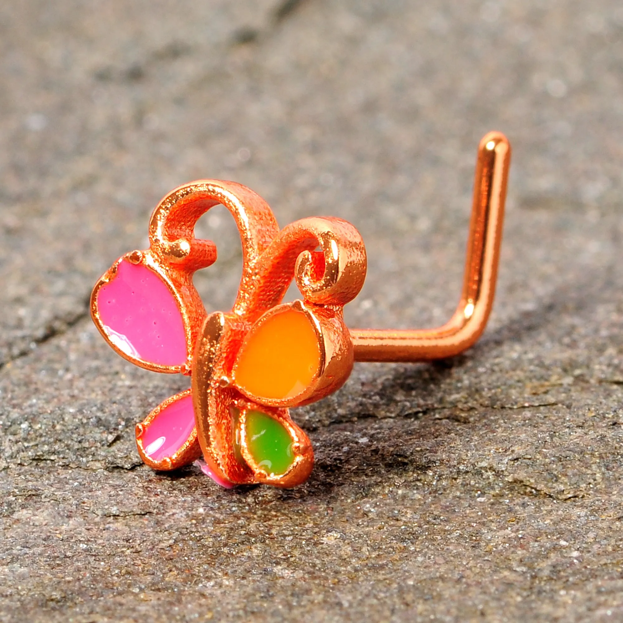 20 Gauge 1/4 Pink Orange Rose Gold Tone Butterfly L Shaped Nose Ring