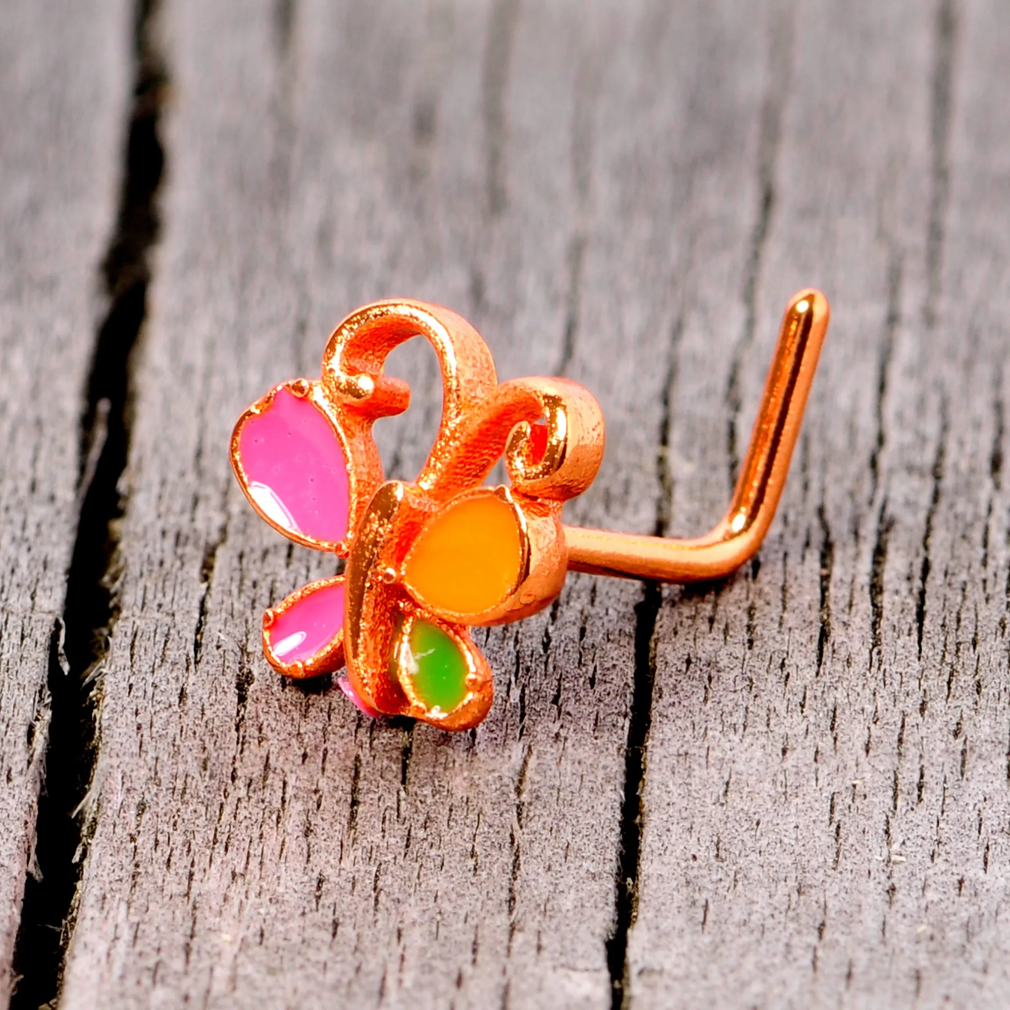 20 Gauge 1/4 Pink Orange Rose Gold Tone Butterfly L Shaped Nose Ring