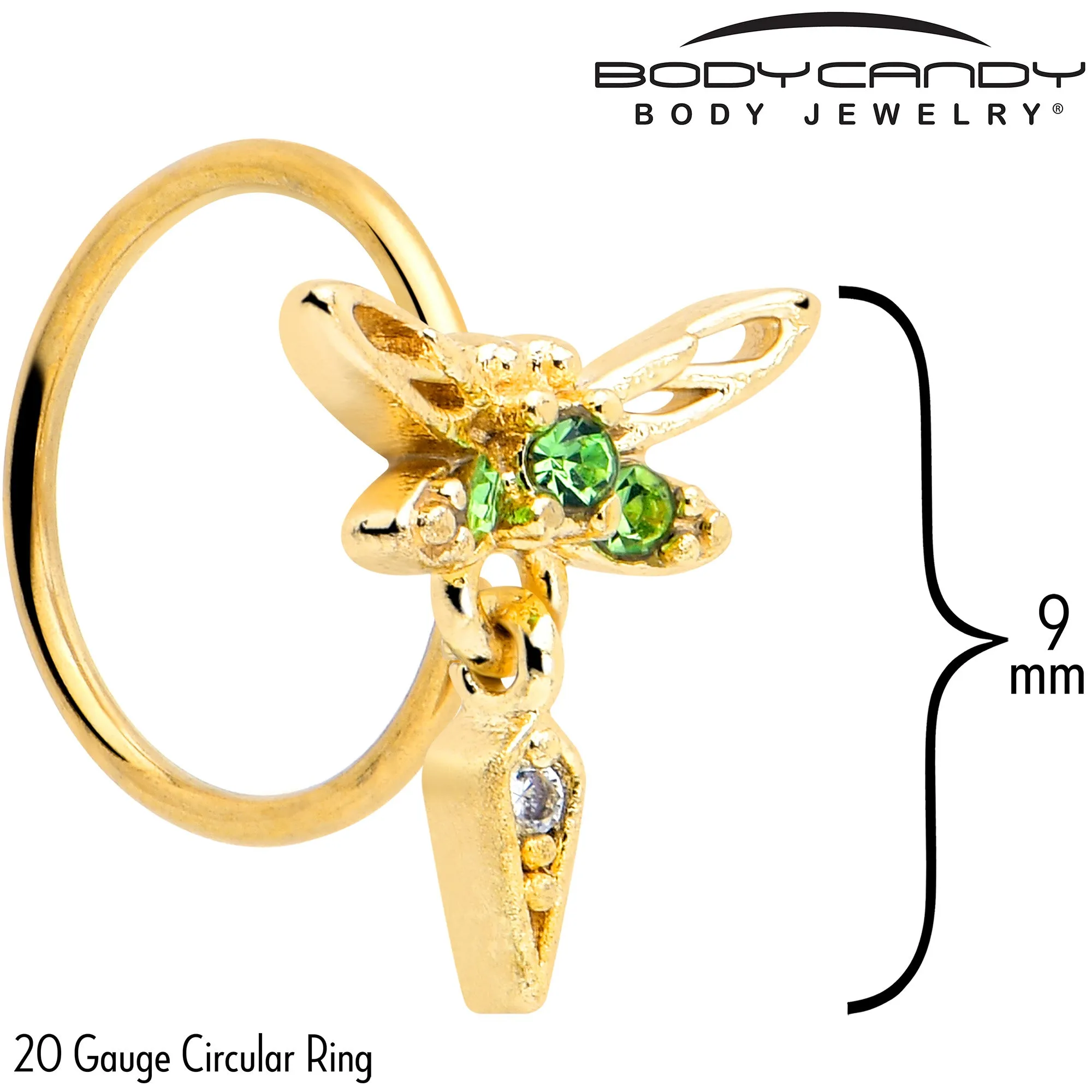 20 Gauge 5/16 Green Gem Gold Tone Swank Dragonfly Nose Hoop