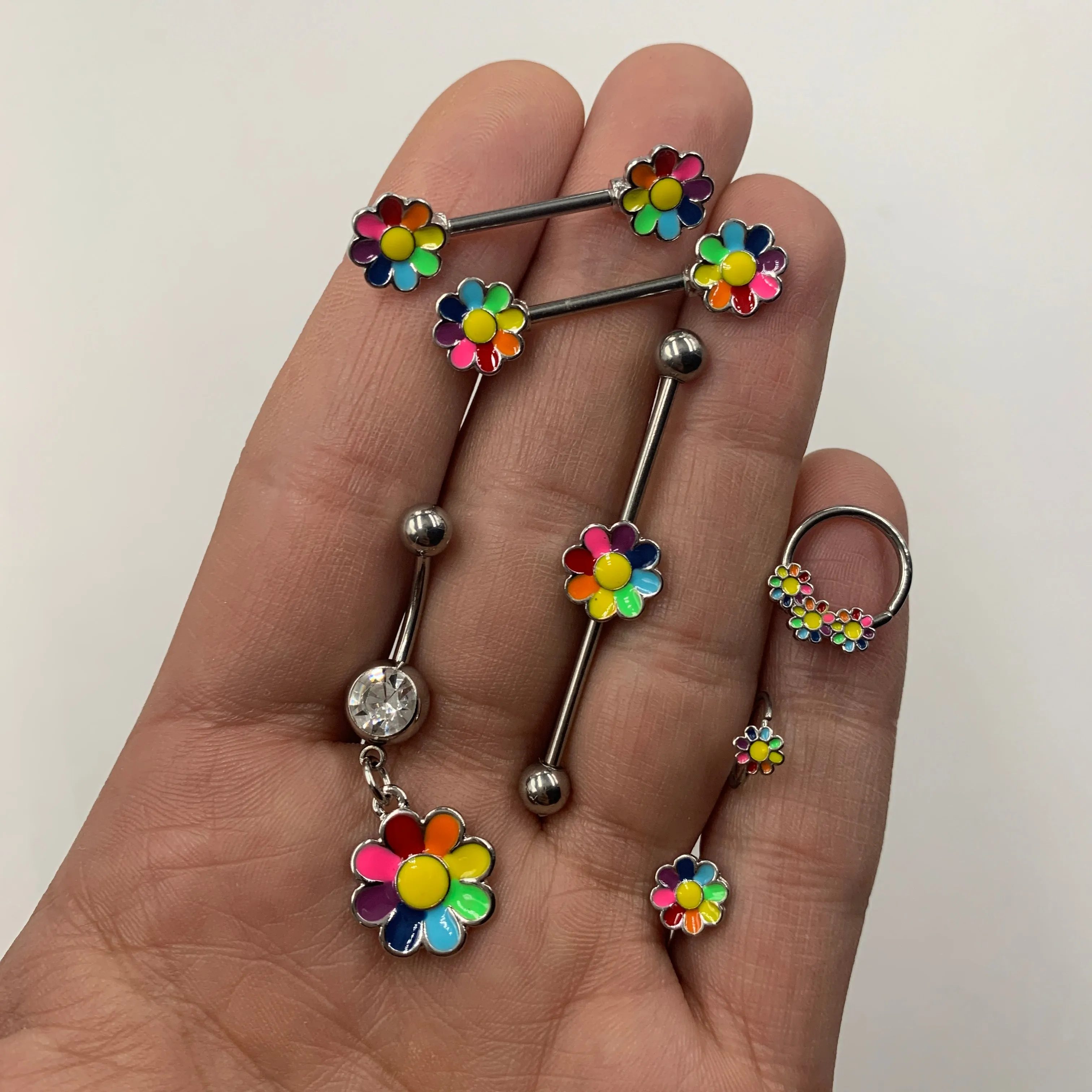 20 Gauge 5/16 Rainbow Hippie Flower Nose Hoop