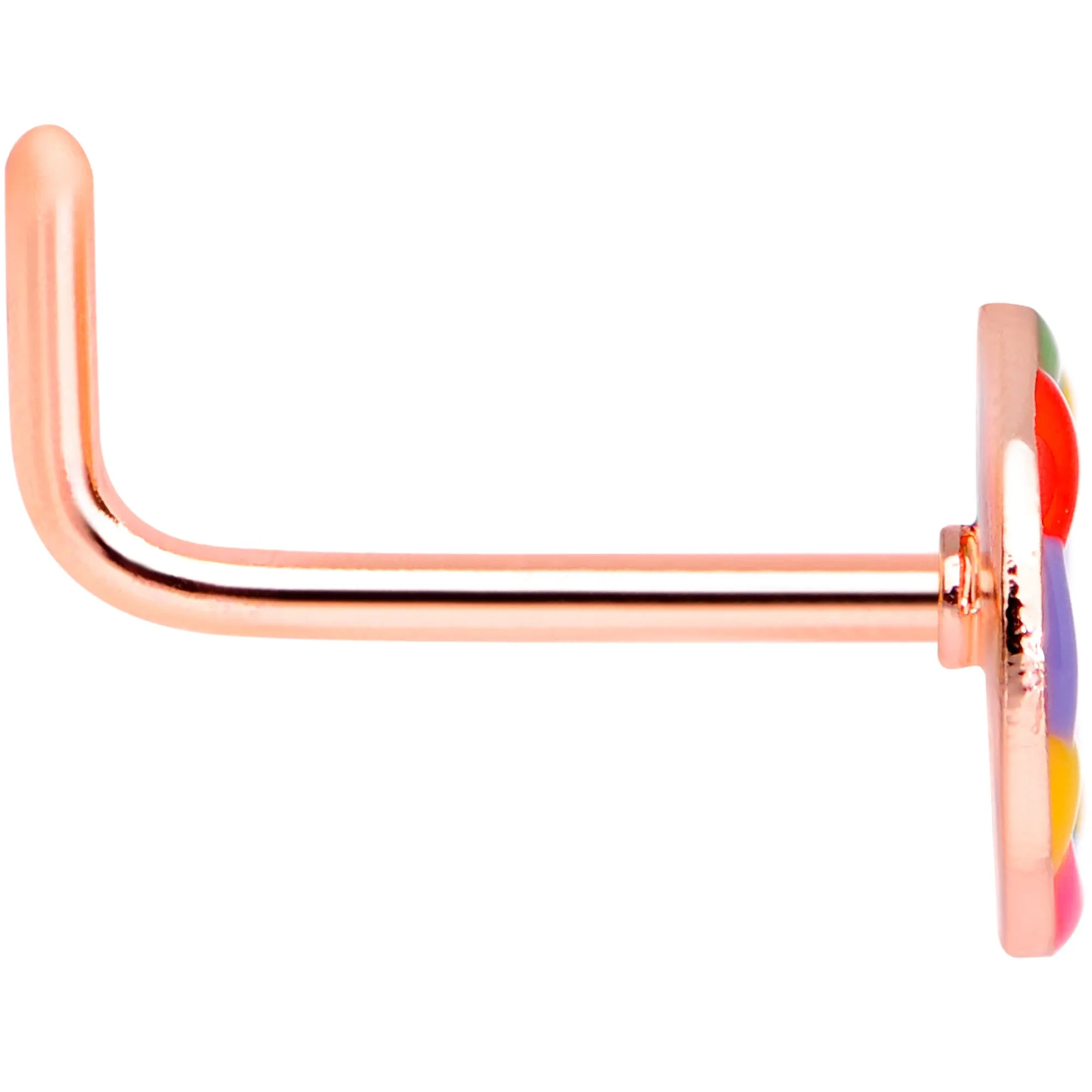 20 Gauge 5/16 Rose Gold Tone Rainbow Peace Sign L Shaped Nose Ring
