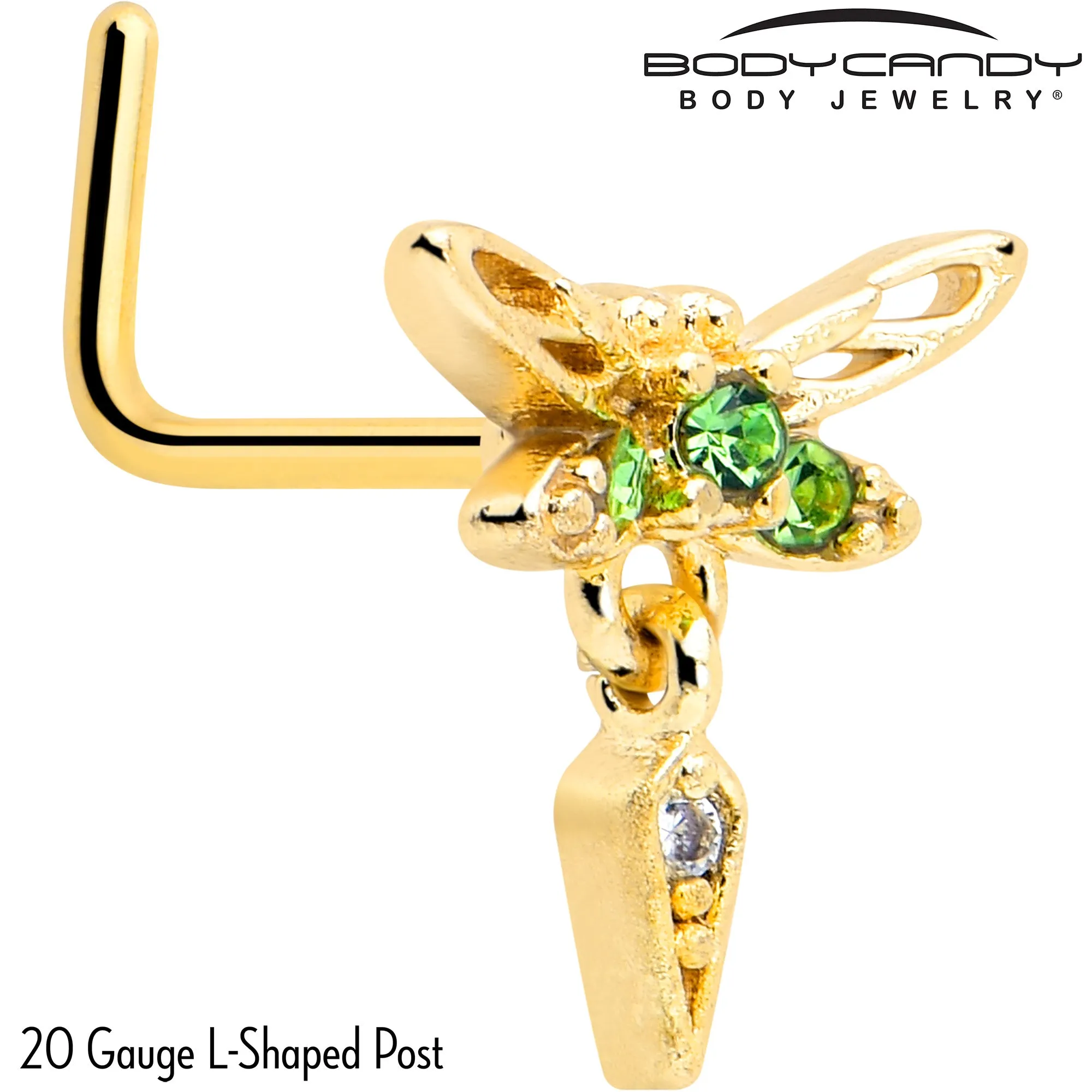 20 Gauge 7mm Green Gem Gold Tone Swank Dragonfly L Shape Nose Ring
