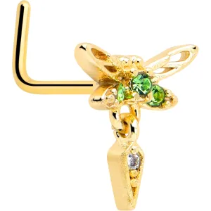 20 Gauge 7mm Green Gem Gold Tone Swank Dragonfly L Shape Nose Ring