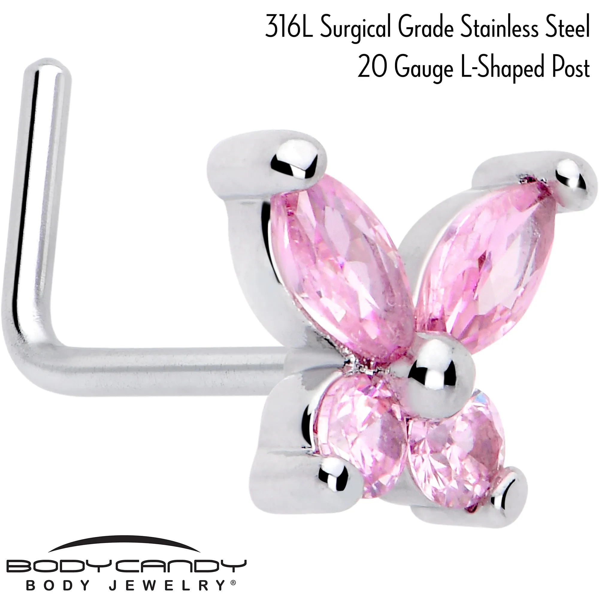 20 Gauge 7mm Pink CZ Gem Open Wing Butterfly L Shape Nose Ring