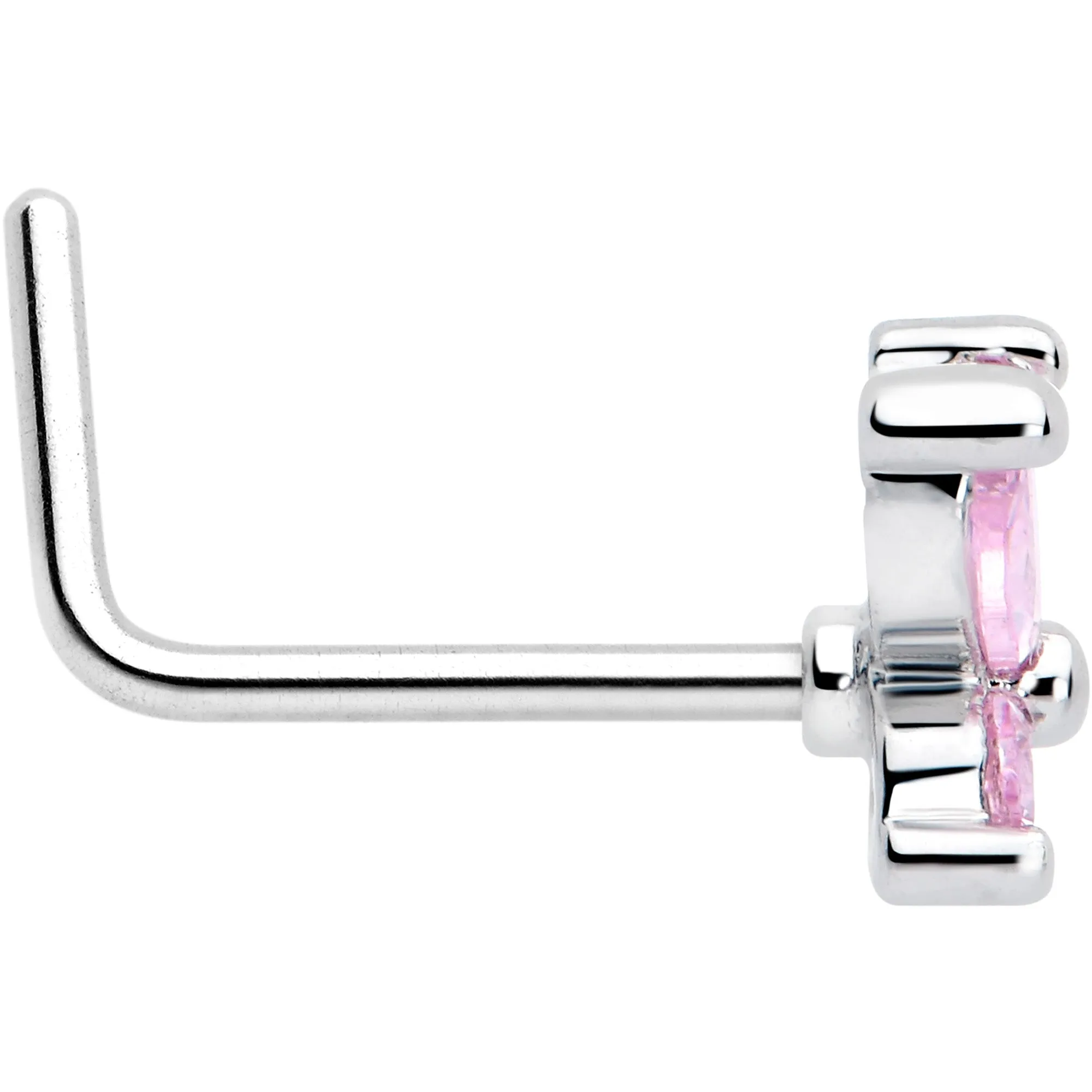 20 Gauge 7mm Pink CZ Gem Open Wing Butterfly L Shape Nose Ring