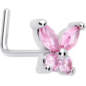 20 Gauge 7mm Pink CZ Gem Open Wing Butterfly L Shape Nose Ring