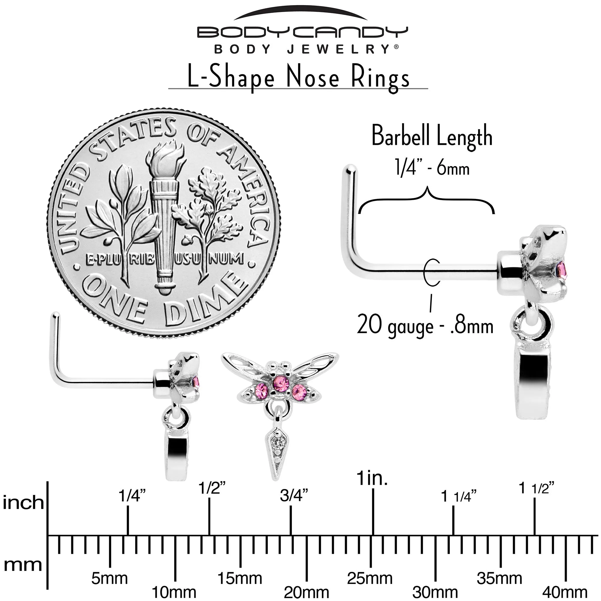 20 Gauge 7mm Pink Gem Swank Dragonfly Dangle L Shape Nose Ring